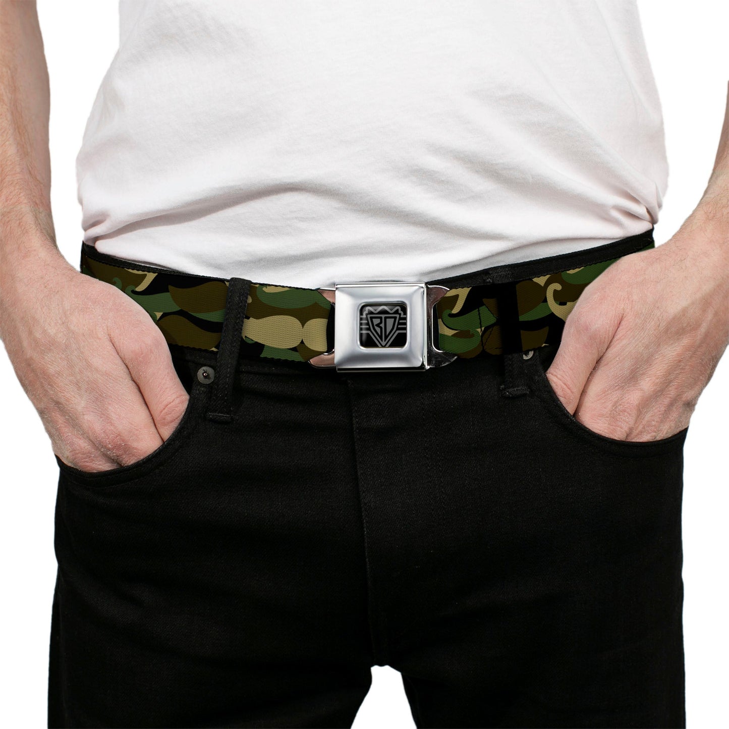 BD Wings Logo CLOSE-UP Full Color Black Silver Seatbelt Belt - Camo'stache Webbing