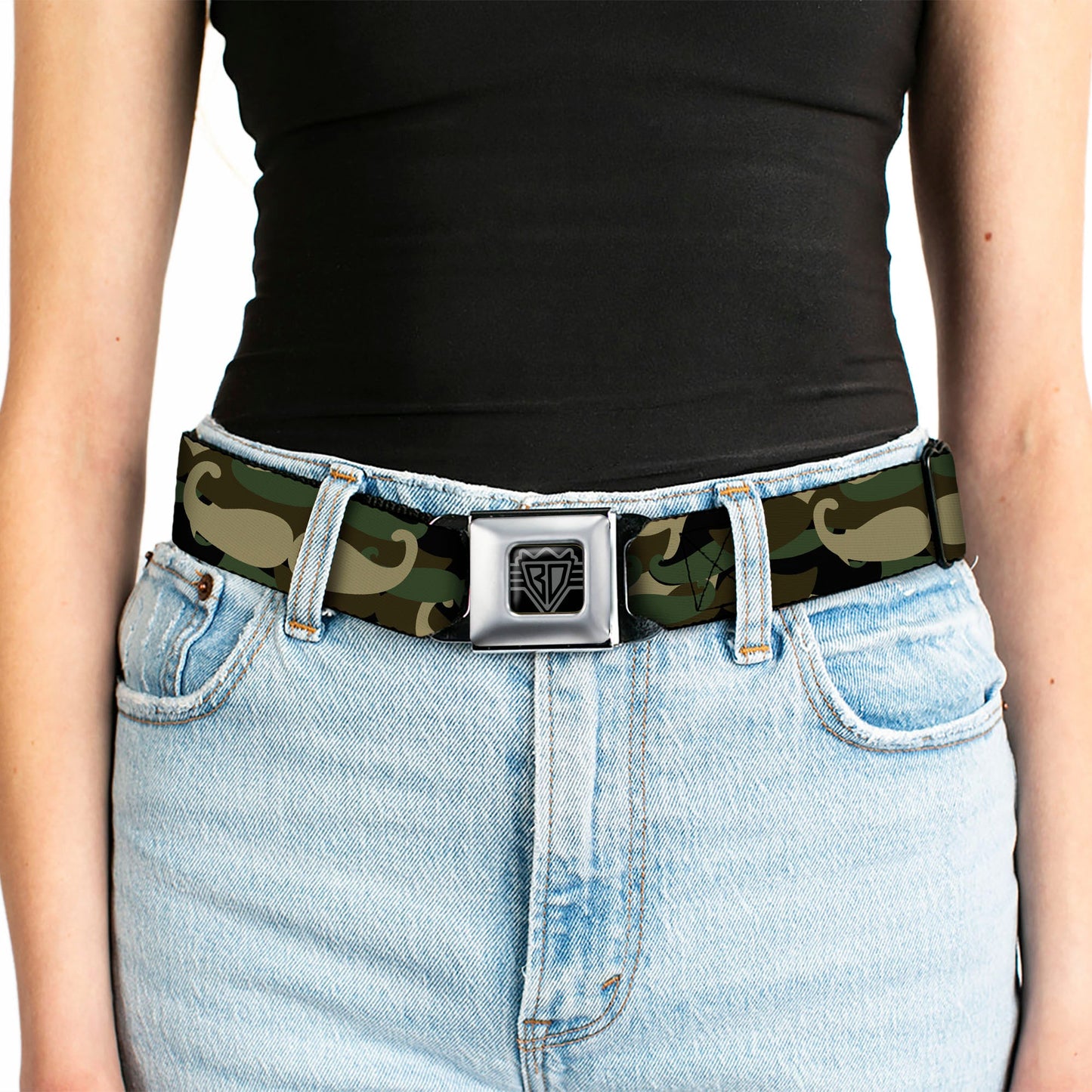 BD Wings Logo CLOSE-UP Full Color Black Silver Seatbelt Belt - Camo'stache Webbing