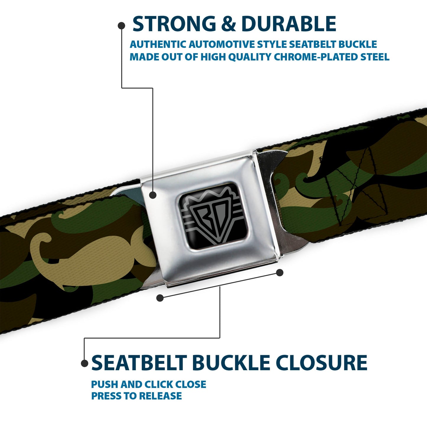 BD Wings Logo CLOSE-UP Full Color Black Silver Seatbelt Belt - Camo'stache Webbing