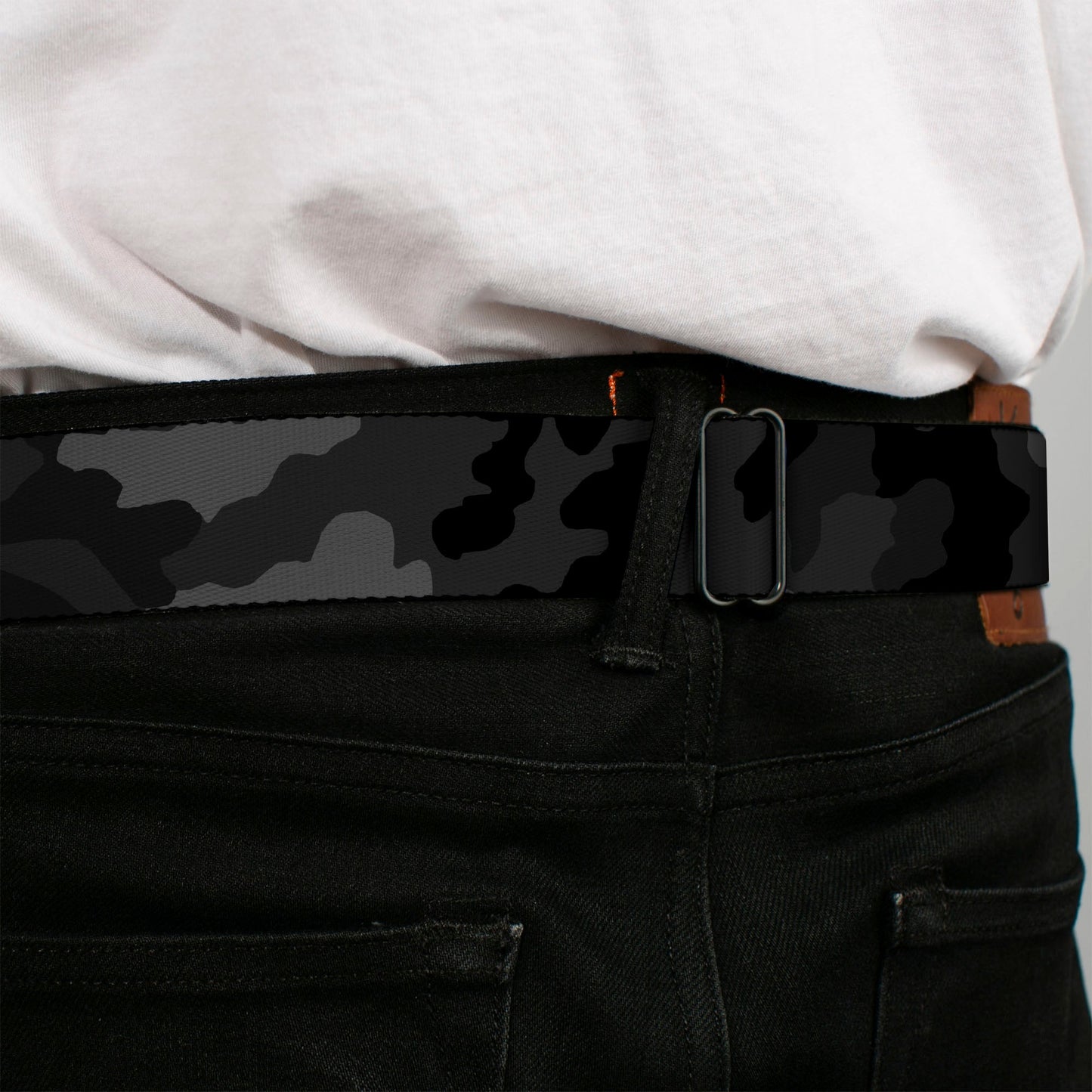 BD Wings Logo CLOSE-UP Full Color Black Silver Seatbelt Belt - Camo Charcoal Webbing