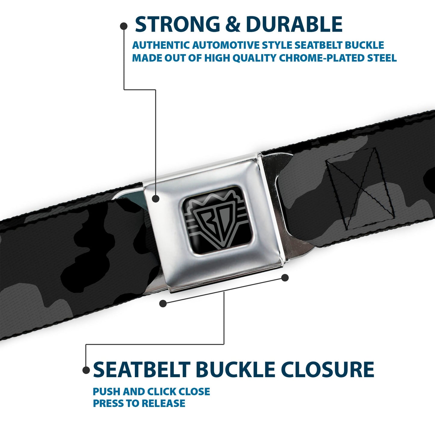 BD Wings Logo CLOSE-UP Full Color Black Silver Seatbelt Belt - Camo Charcoal Webbing
