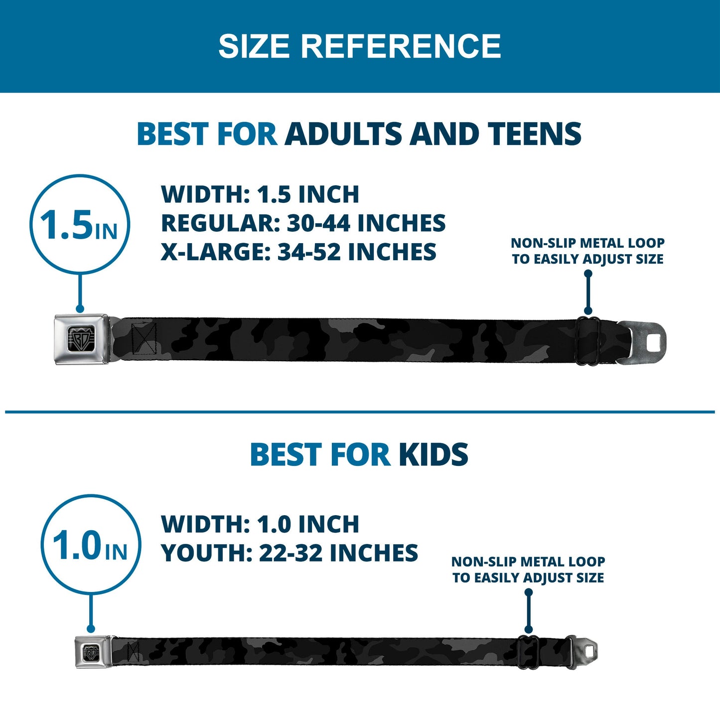 BD Wings Logo CLOSE-UP Full Color Black Silver Seatbelt Belt - Camo Charcoal Webbing