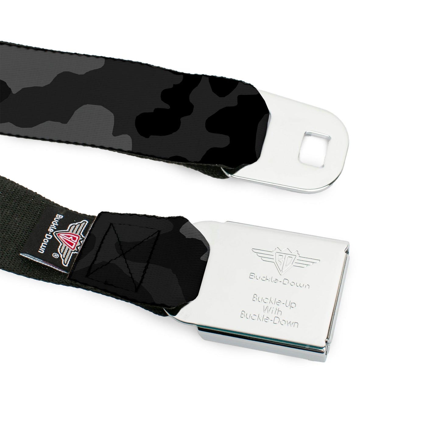 BD Wings Logo CLOSE-UP Full Color Black Silver Seatbelt Belt - Camo Charcoal Webbing