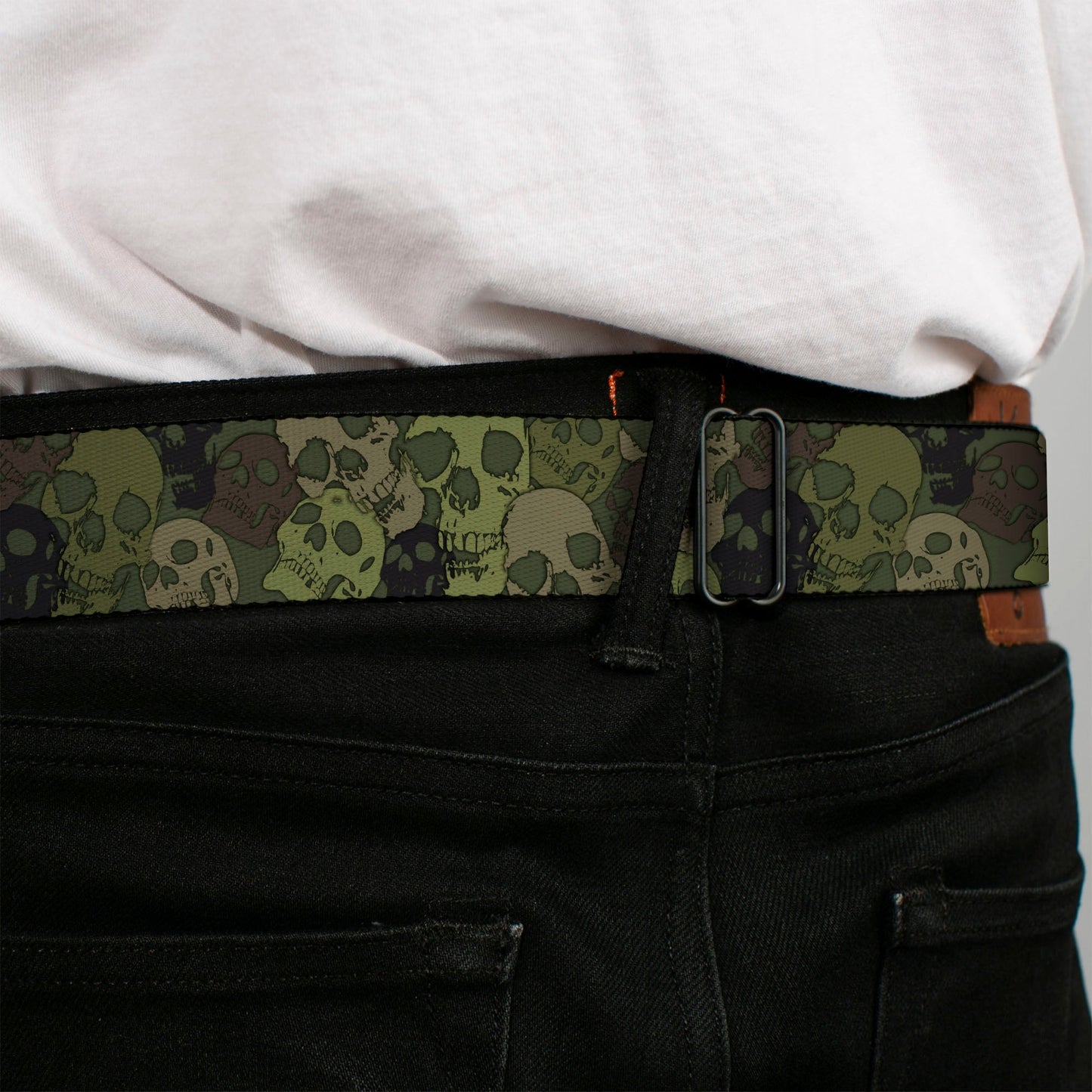 BD Wings Logo CLOSE-UP Full Color Black Silver Seatbelt Belt - Camo Olive Skull Yard Webbing