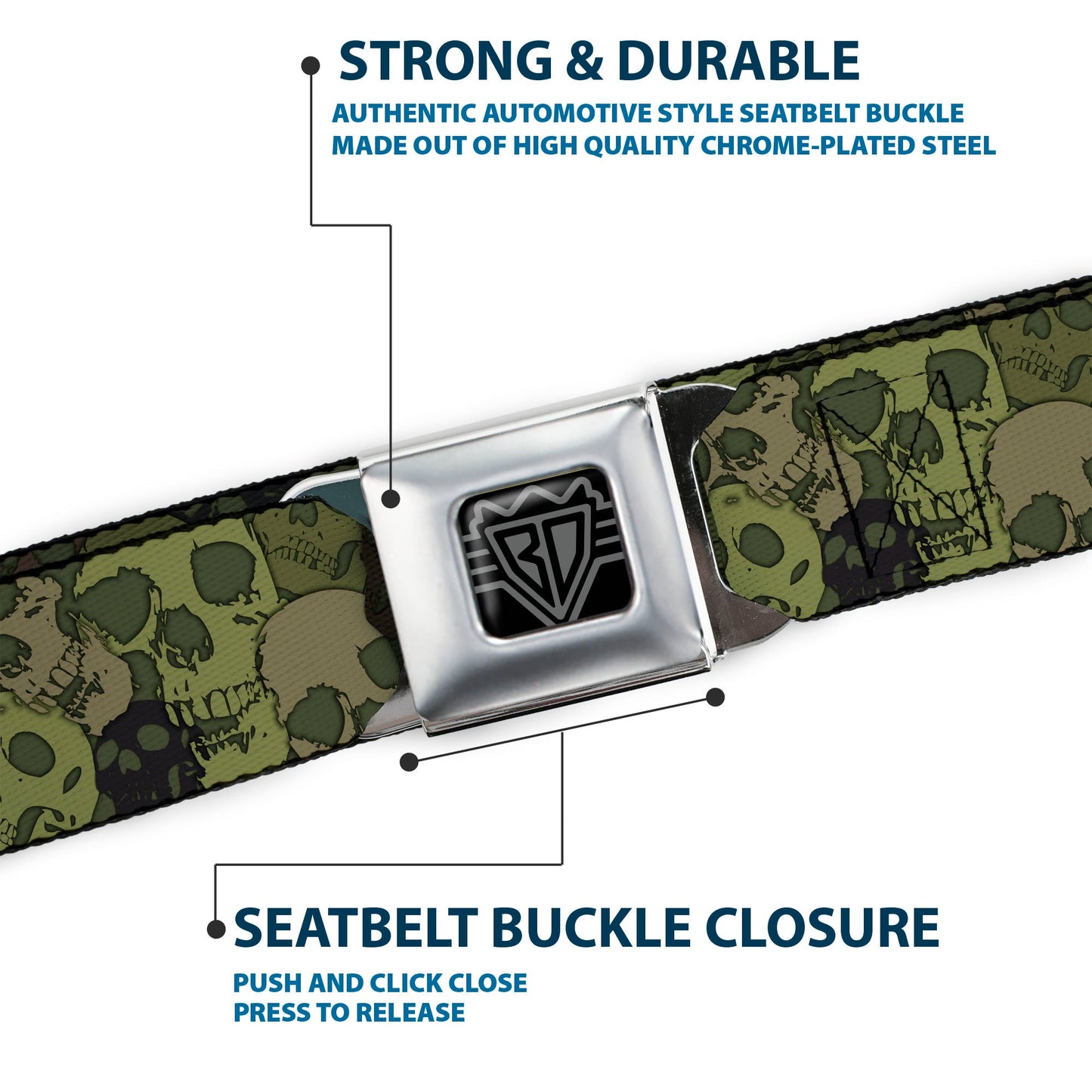 BD Wings Logo CLOSE-UP Full Color Black Silver Seatbelt Belt - Camo Olive Skull Yard Webbing