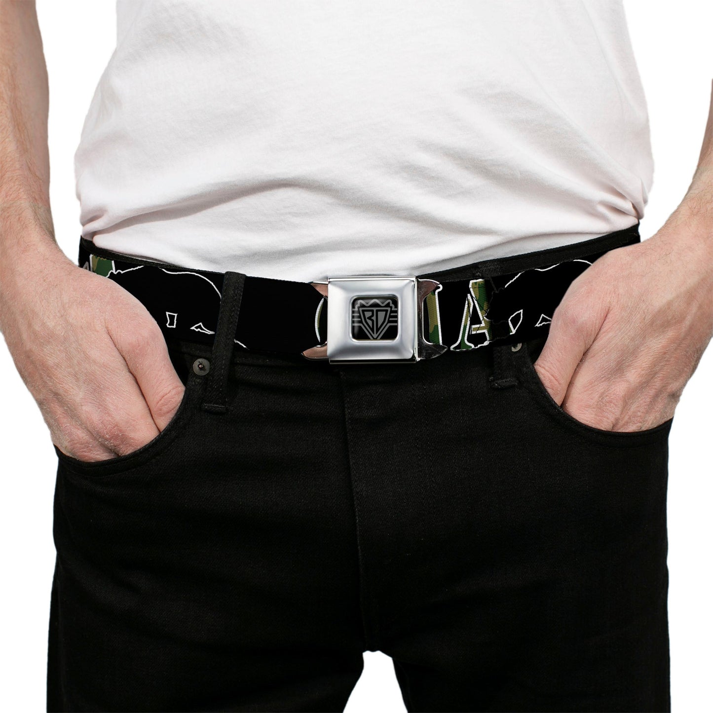 BD Wings Logo CLOSE-UP Full Color Black Silver Seatbelt Belt - CALIFORNIA/Bear Silhouette Black/Camo Olive Webbing
