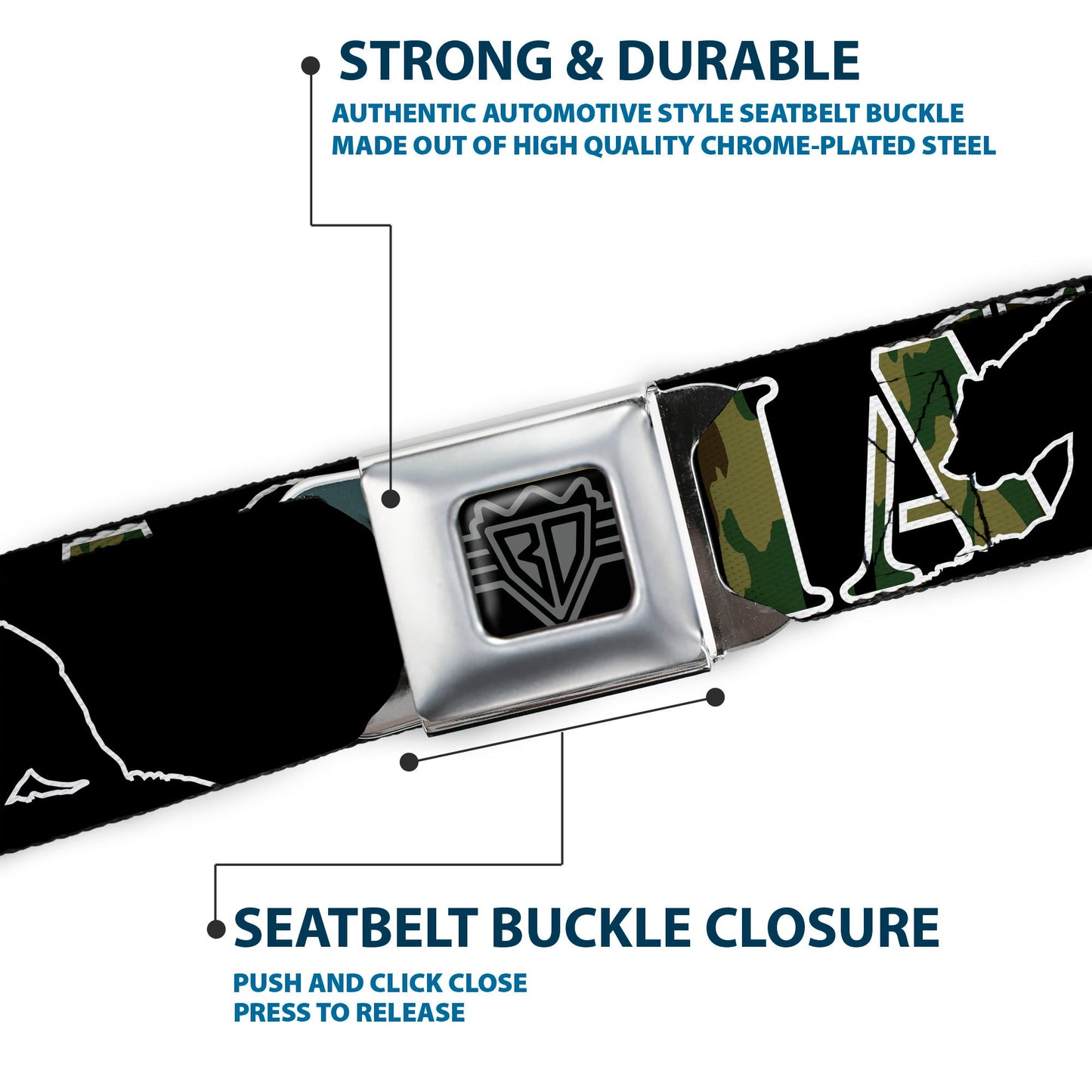 BD Wings Logo CLOSE-UP Full Color Black Silver Seatbelt Belt - CALIFORNIA/Bear Silhouette Black/Camo Olive Webbing