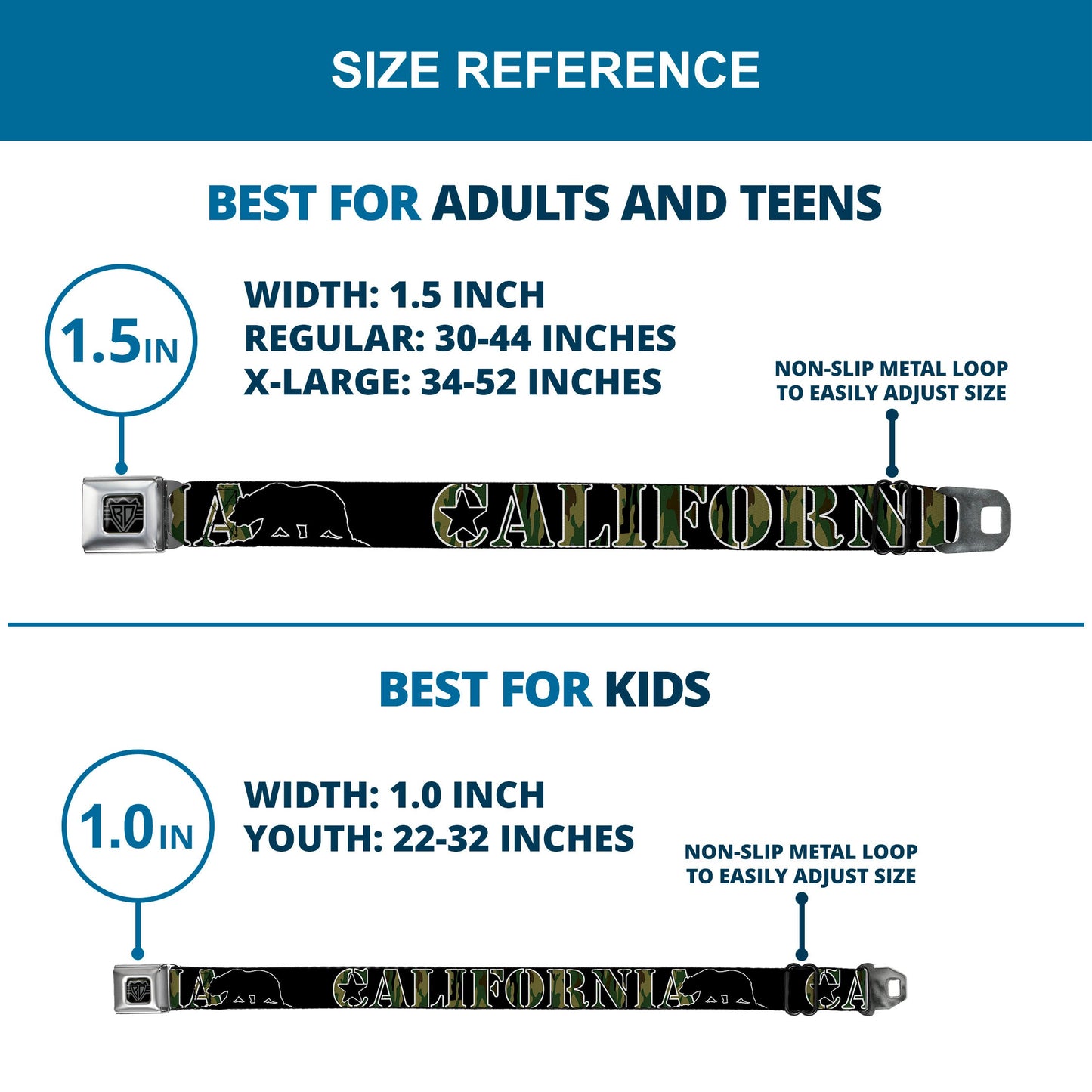 BD Wings Logo CLOSE-UP Full Color Black Silver Seatbelt Belt - CALIFORNIA/Bear Silhouette Black/Camo Olive Webbing