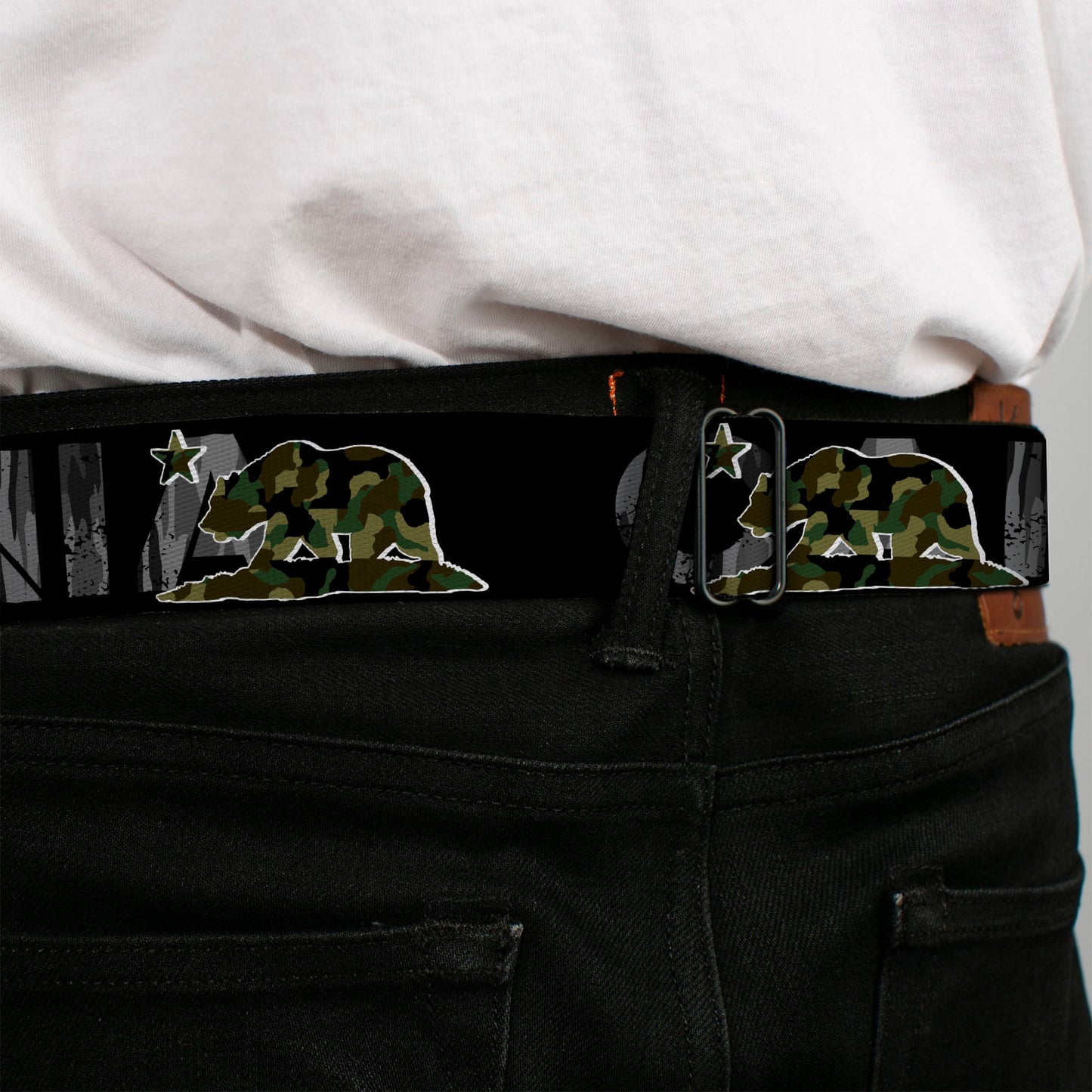 BD Wings Logo CLOSE-UP Full Color Black Silver Seatbelt Belt - CALIFORNIA/Flag Bear Black/Camo Gray/Camo Olive Webbing