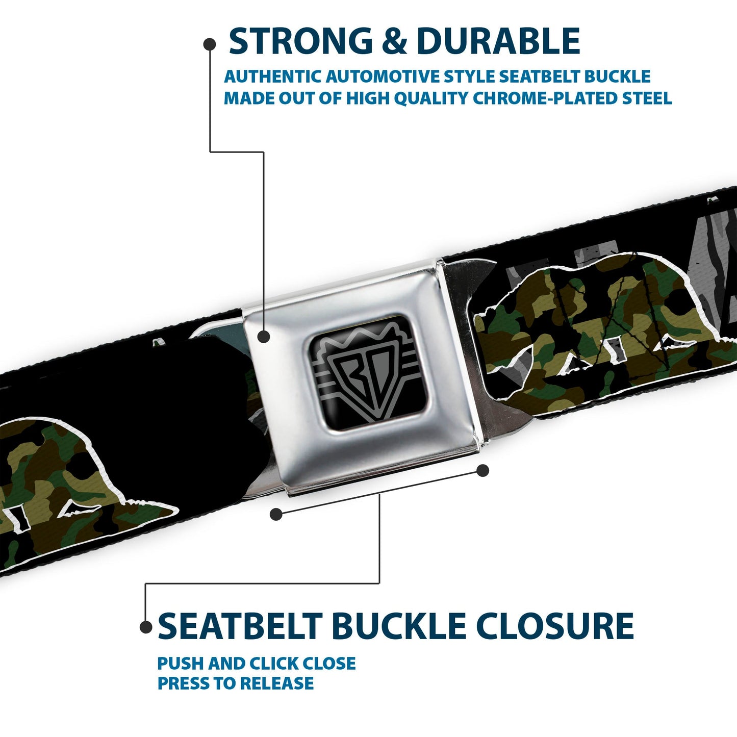 BD Wings Logo CLOSE-UP Full Color Black Silver Seatbelt Belt - CALIFORNIA/Flag Bear Black/Camo Gray/Camo Olive Webbing