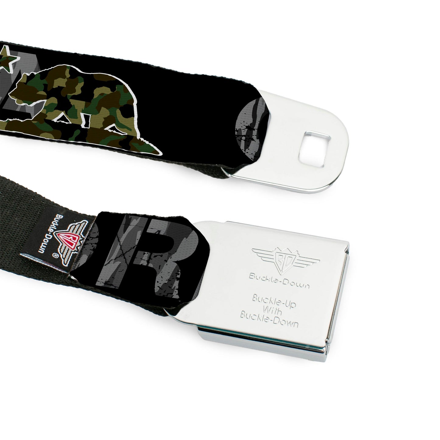 BD Wings Logo CLOSE-UP Full Color Black Silver Seatbelt Belt - CALIFORNIA/Flag Bear Black/Camo Gray/Camo Olive Webbing