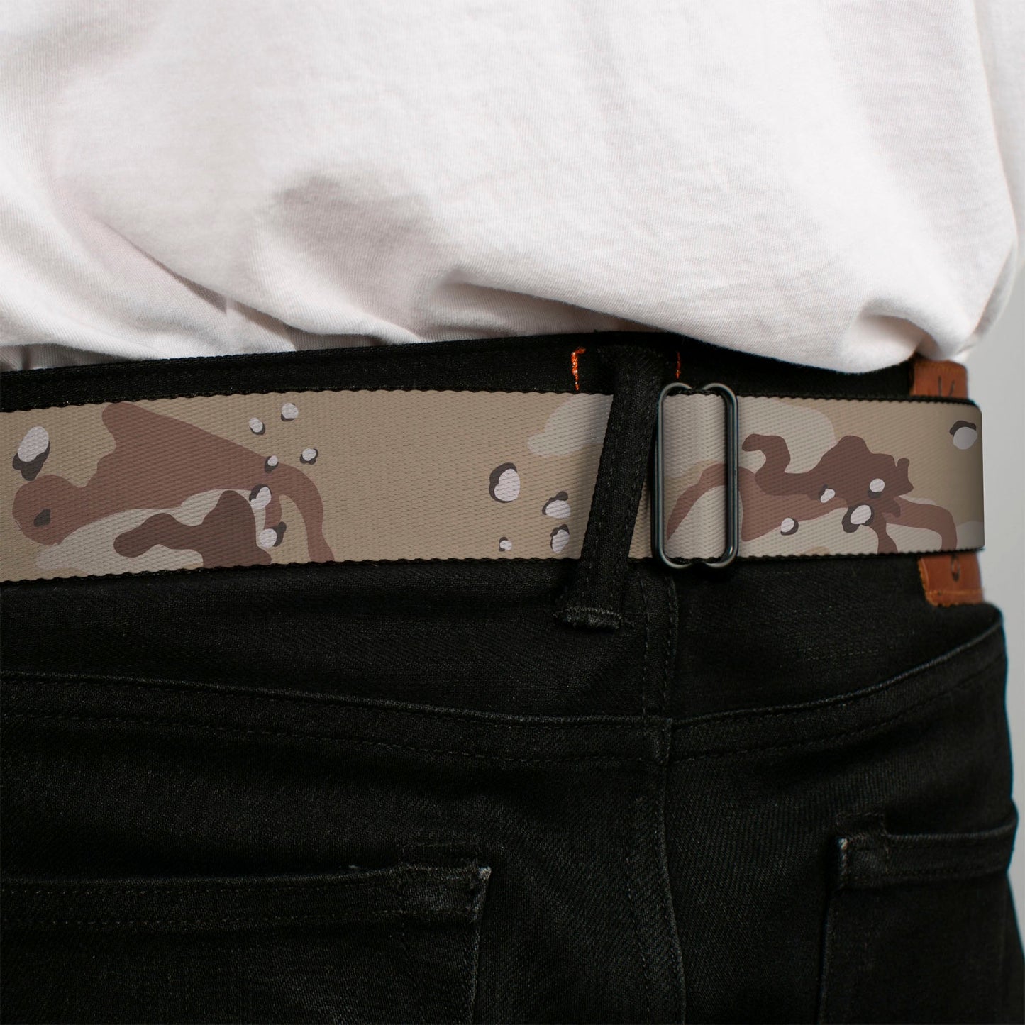 BD Wings Logo CLOSE-UP Full Color Black Silver Seatbelt Belt - Desert Camo Tans/Browns Webbing