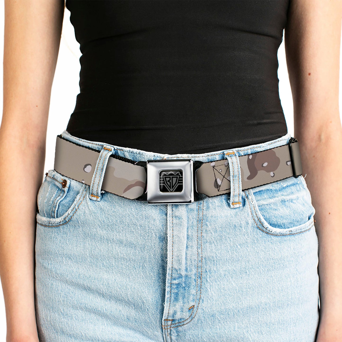 BD Wings Logo CLOSE-UP Full Color Black Silver Seatbelt Belt - Desert Camo Tans/Browns Webbing