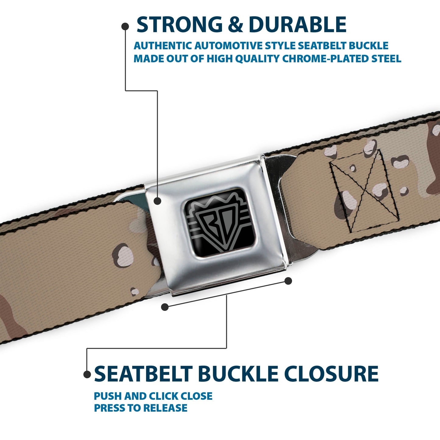 BD Wings Logo CLOSE-UP Full Color Black Silver Seatbelt Belt - Desert Camo Tans/Browns Webbing