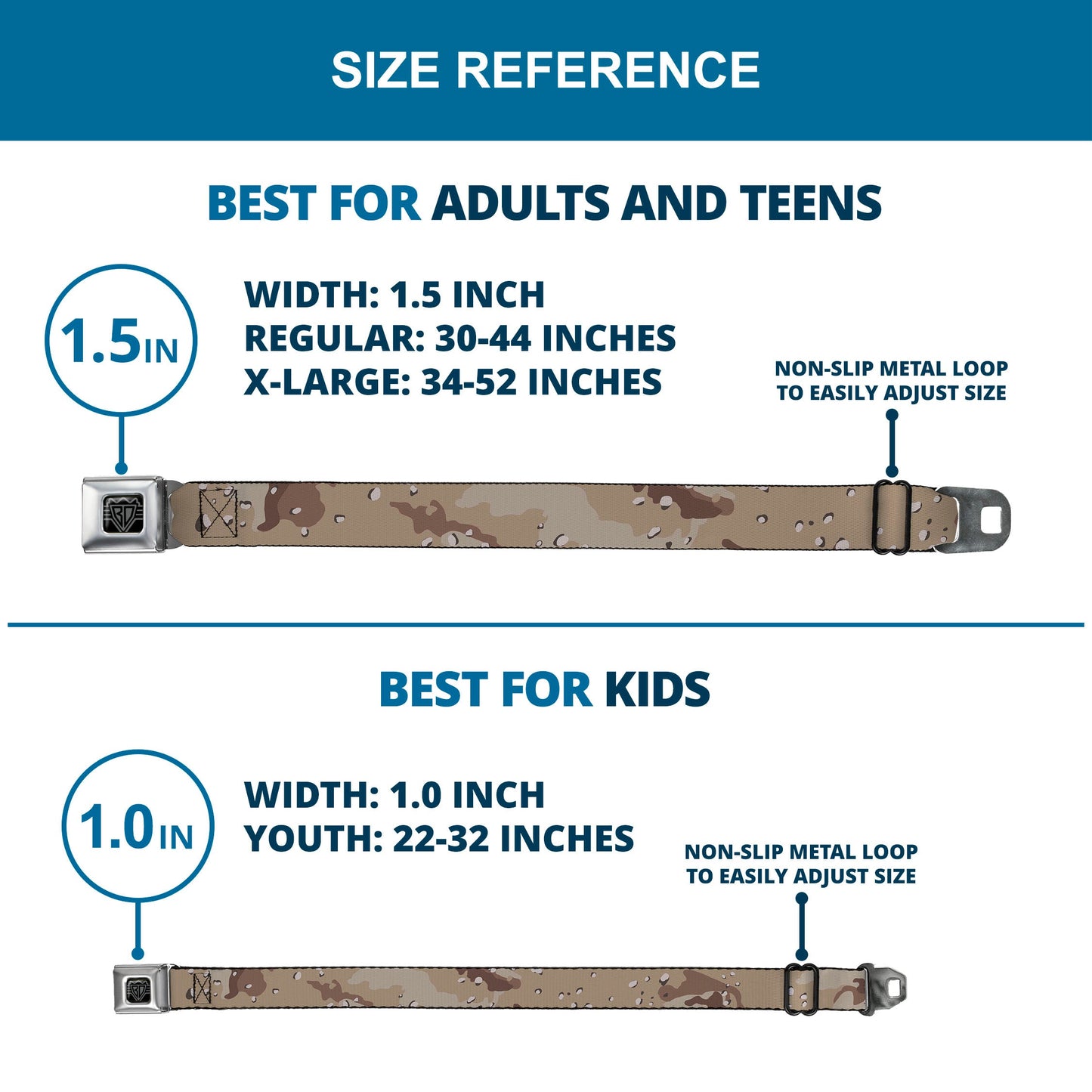 BD Wings Logo CLOSE-UP Full Color Black Silver Seatbelt Belt - Desert Camo Tans/Browns Webbing