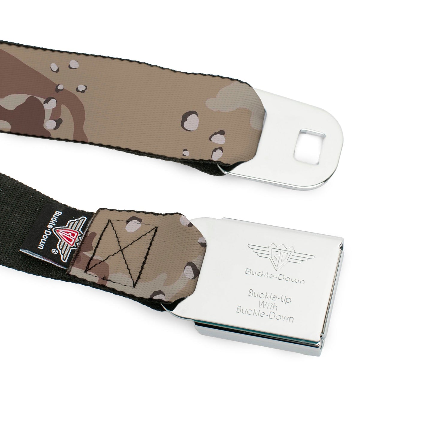 BD Wings Logo CLOSE-UP Full Color Black Silver Seatbelt Belt - Desert Camo Tans/Browns Webbing