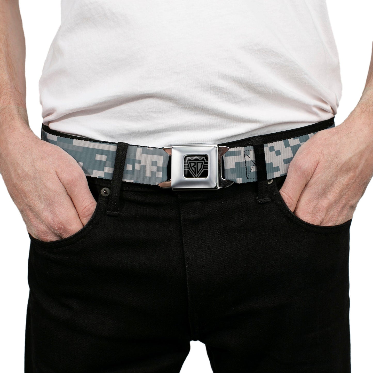 BD Wings Logo CLOSE-UP Full Color Black Silver Seatbelt Belt - Digital Camo2 Grays Webbing