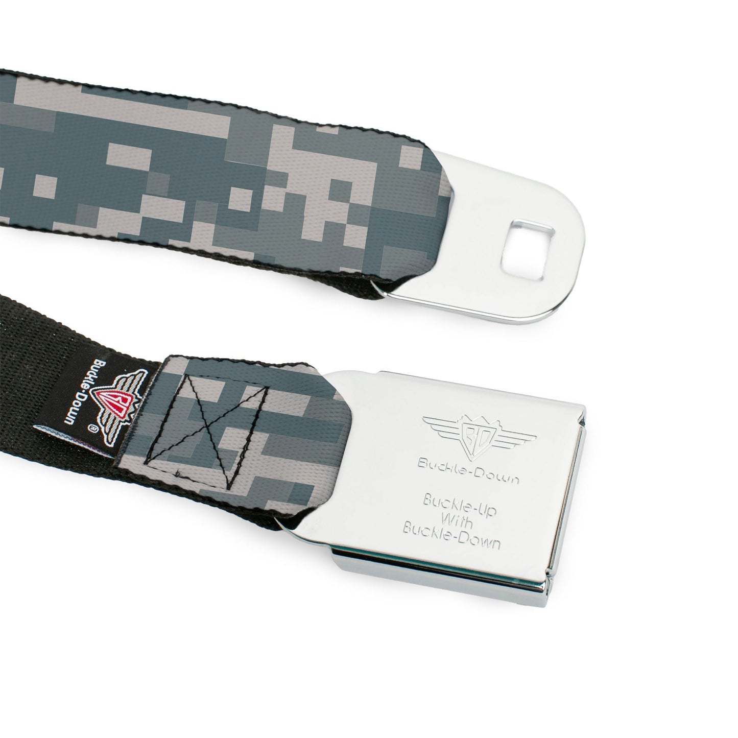 BD Wings Logo CLOSE-UP Full Color Black Silver Seatbelt Belt - Digital Camo2 Grays Webbing