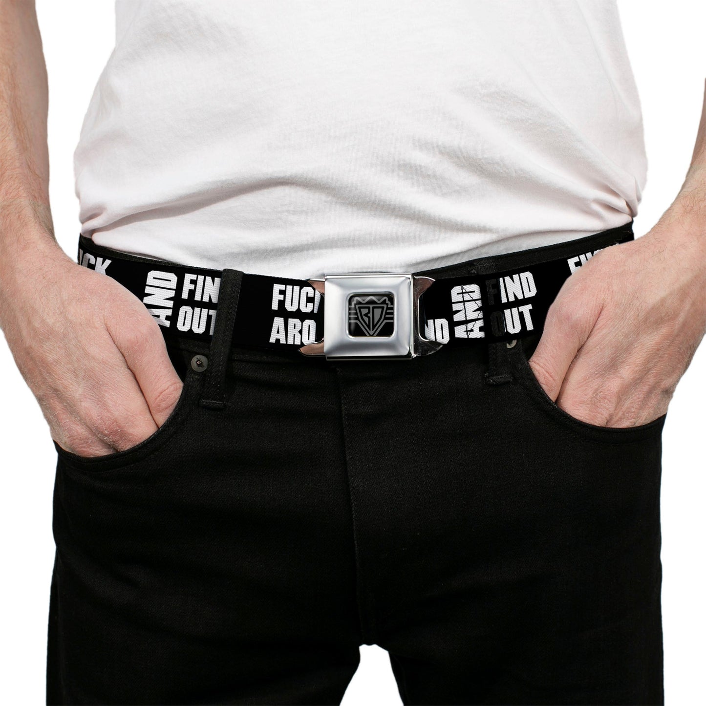 BD Wings Logo CLOSE-UP Black/Silver Seatbelt Belt - FAFO FUCK AROUND AND FIND OUT Bold Black/White Webbing