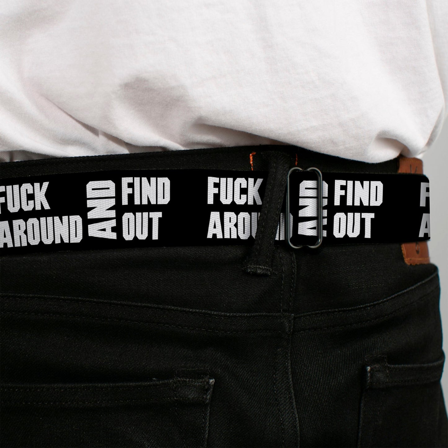 BD Wings Logo CLOSE-UP Black/Silver Seatbelt Belt - FAFO FUCK AROUND AND FIND OUT Bold Black/White Webbing