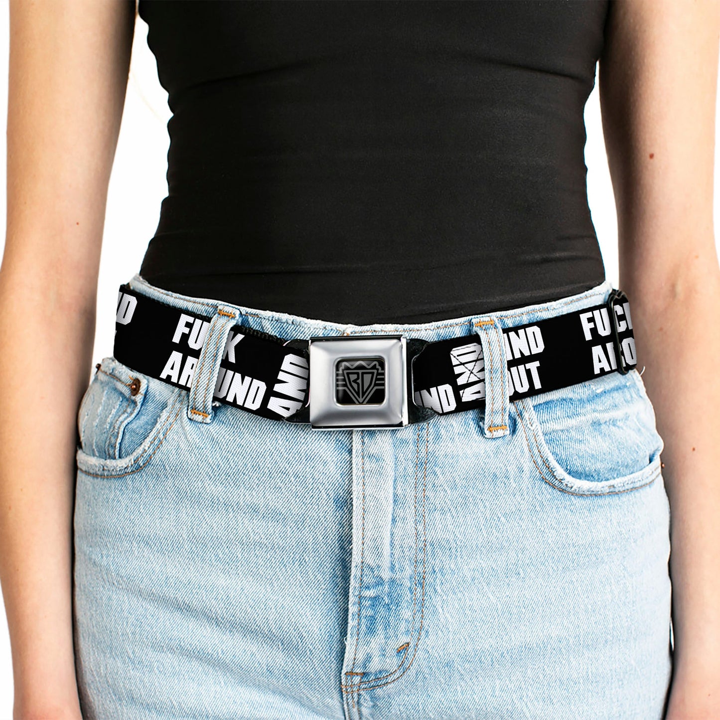 BD Wings Logo CLOSE-UP Black/Silver Seatbelt Belt - FAFO FUCK AROUND AND FIND OUT Bold Black/White Webbing