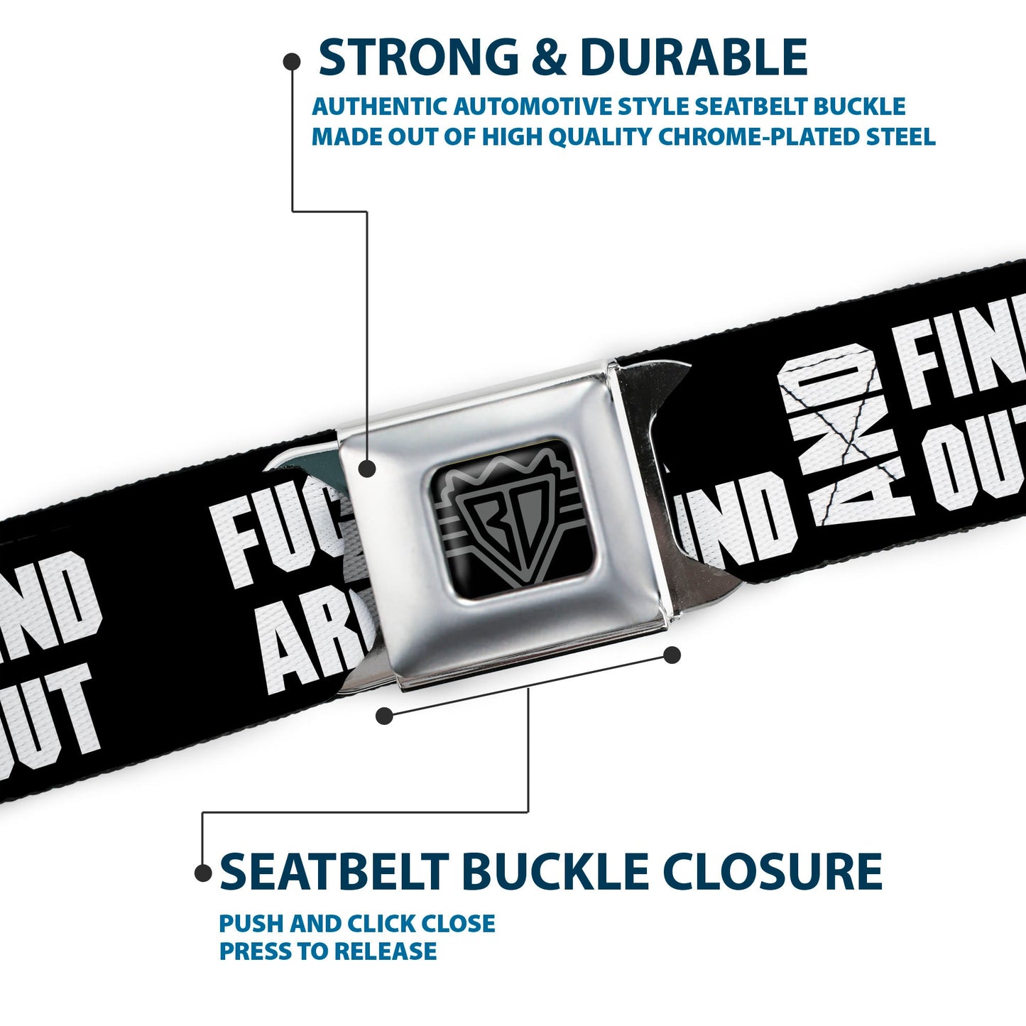 BD Wings Logo CLOSE-UP Black/Silver Seatbelt Belt - FAFO FUCK AROUND AND FIND OUT Bold Black/White Webbing