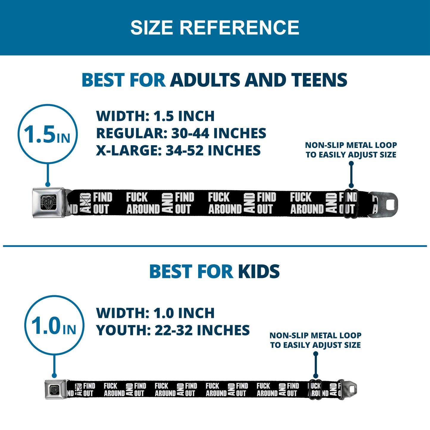 BD Wings Logo CLOSE-UP Black/Silver Seatbelt Belt - FAFO FUCK AROUND AND FIND OUT Bold Black/White Webbing