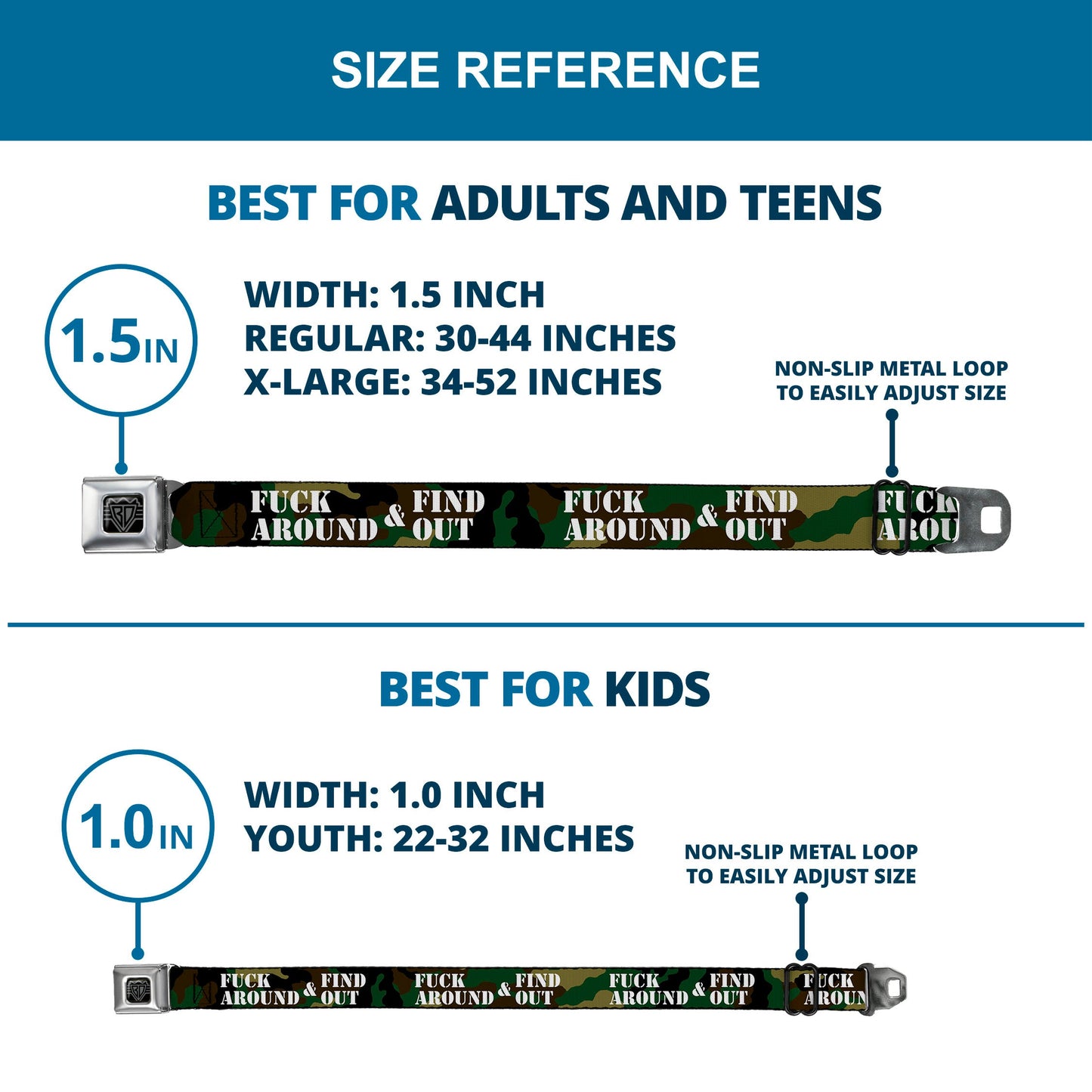 BD Wings Logo CLOSE-UP Black/Silver Seatbelt Belt - FAFO FUCK AROUND & FIND OUT Stencil Camo/White Webbing