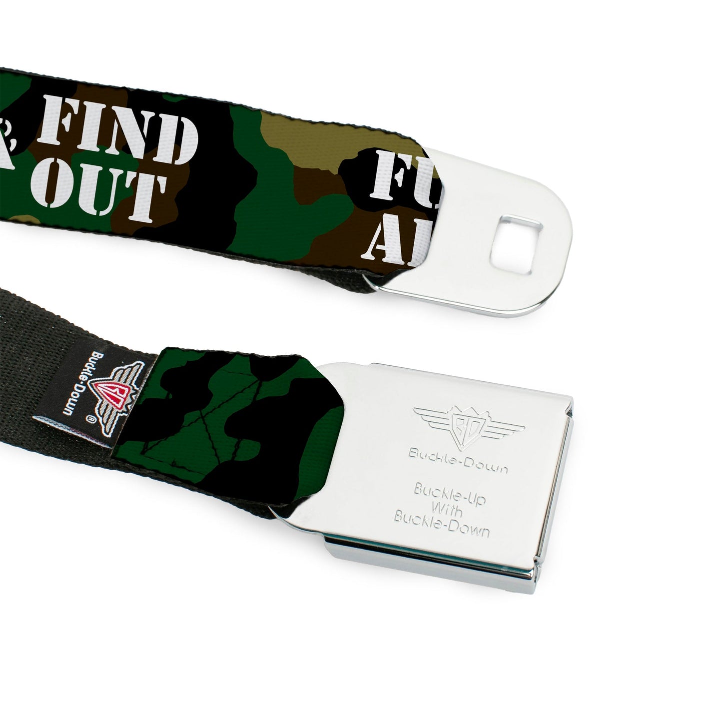 BD Wings Logo CLOSE-UP Black/Silver Seatbelt Belt - FAFO FUCK AROUND & FIND OUT Stencil Camo/White Webbing