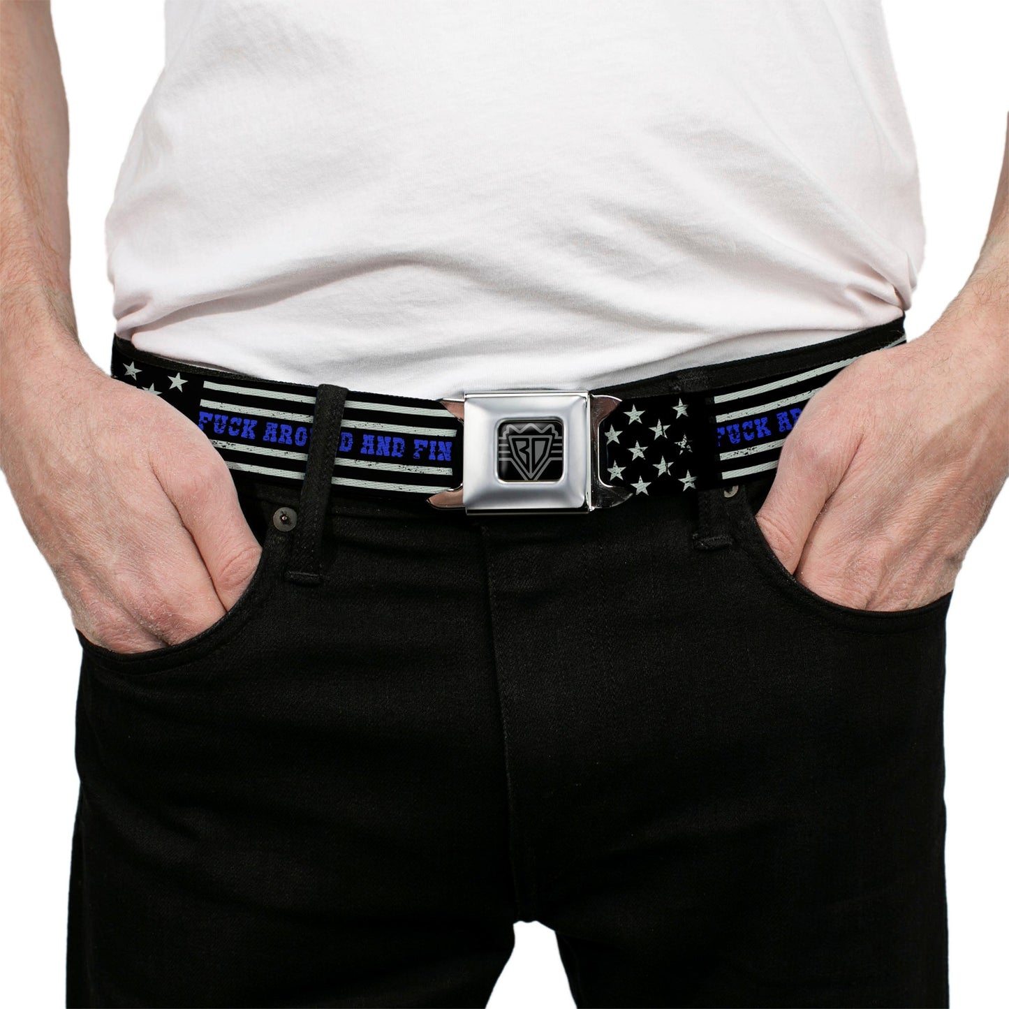 BD Wings Logo CLOSE-UP Black/Silver Seatbelt Belt - FAFO FUCK AROUND AND FIND OUT Thin Blue Line Flag Webbing