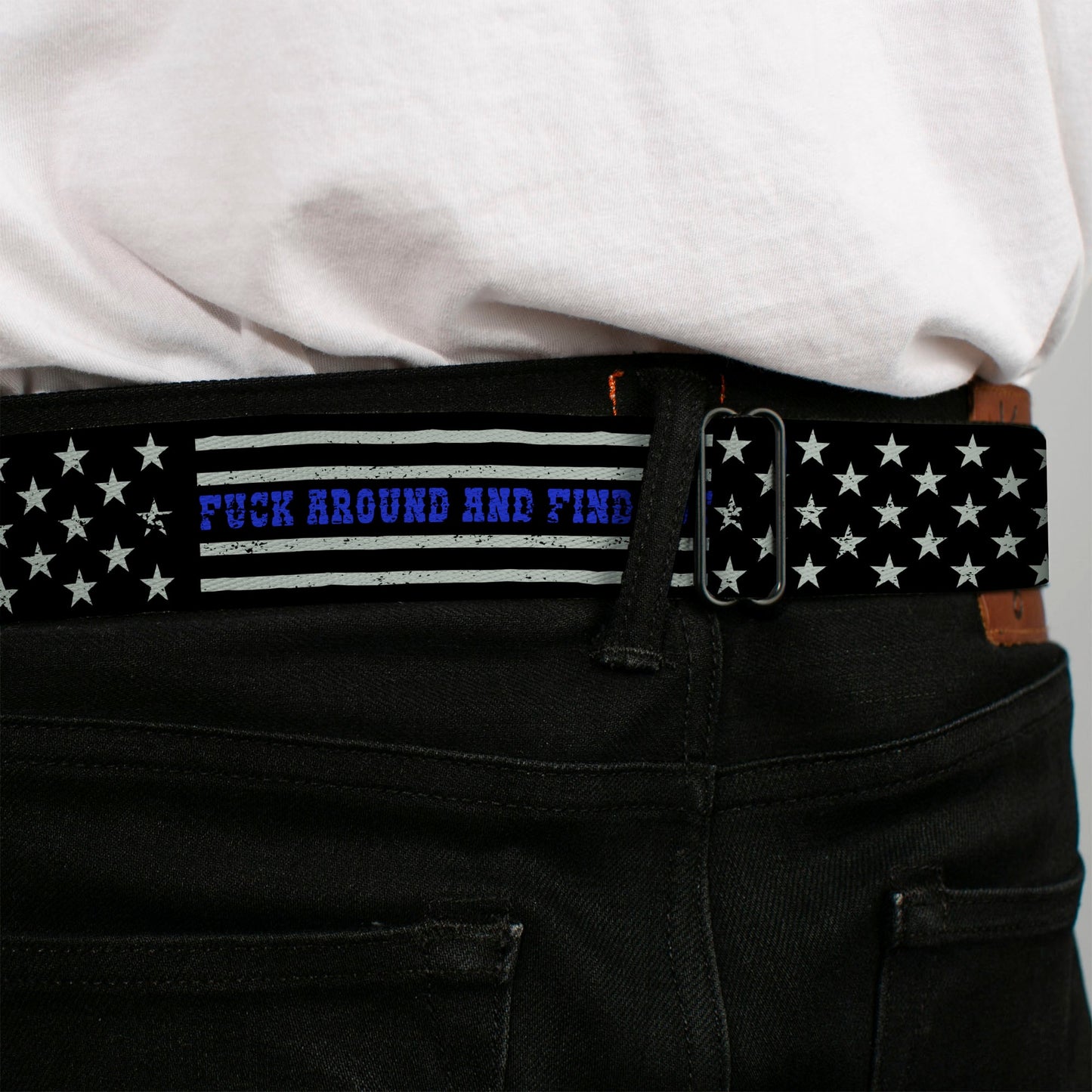 BD Wings Logo CLOSE-UP Black/Silver Seatbelt Belt - FAFO FUCK AROUND AND FIND OUT Thin Blue Line Flag Webbing