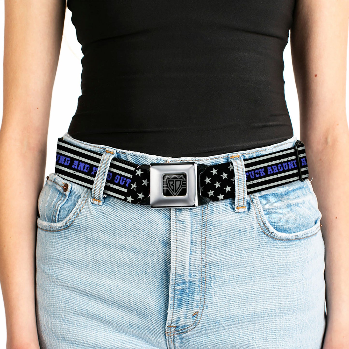 BD Wings Logo CLOSE-UP Black/Silver Seatbelt Belt - FAFO FUCK AROUND AND FIND OUT Thin Blue Line Flag Webbing