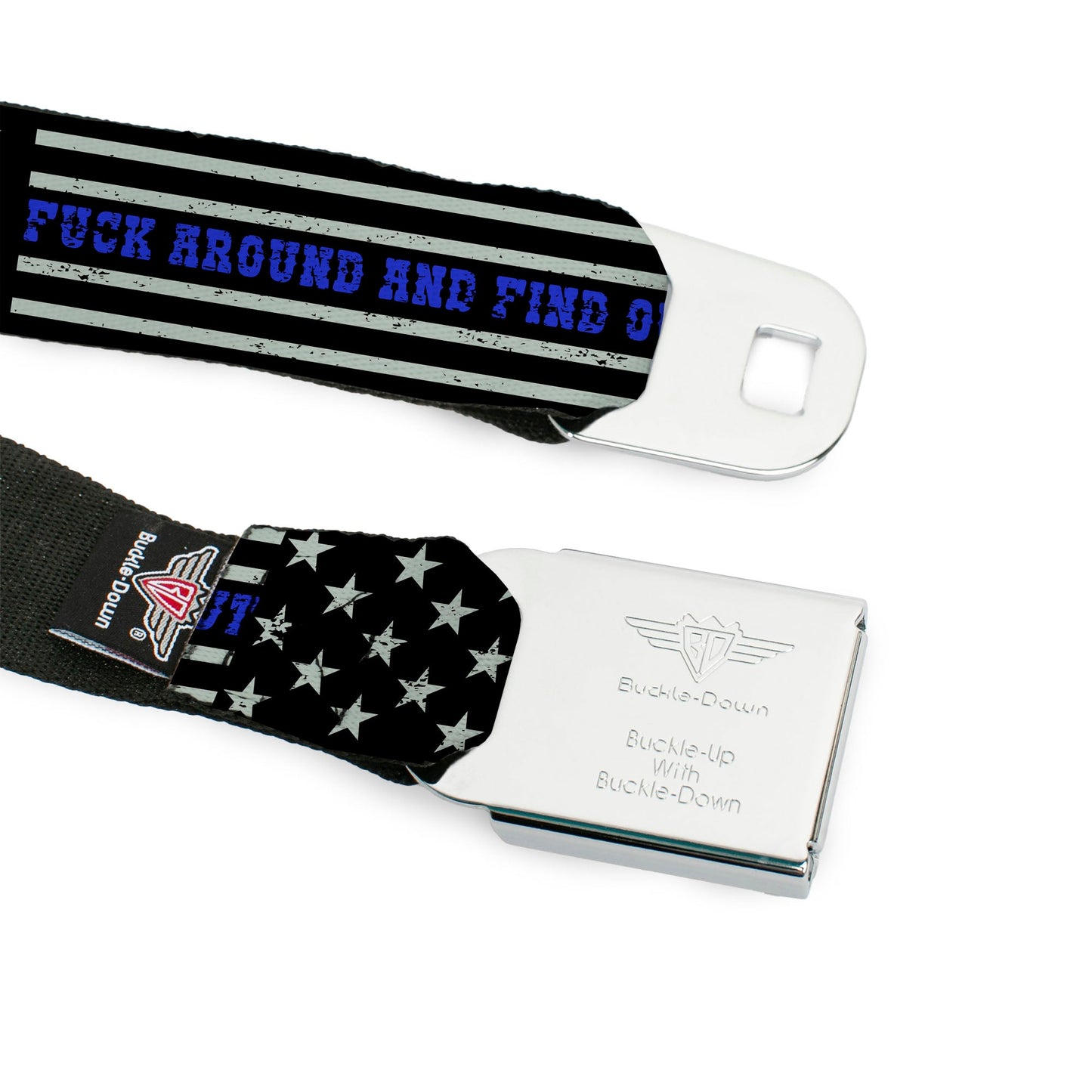 BD Wings Logo CLOSE-UP Black/Silver Seatbelt Belt - FAFO FUCK AROUND AND FIND OUT Thin Blue Line Flag Webbing