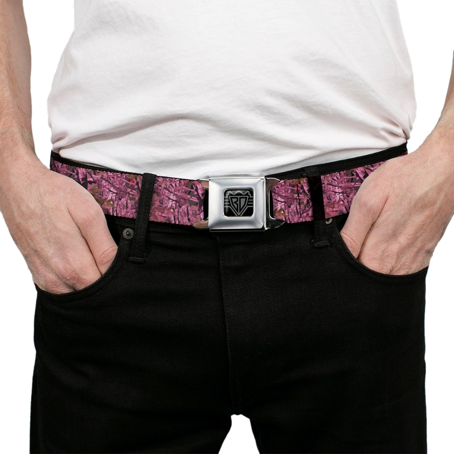 BD Wings Logo CLOSE-UP Full Color Black Silver Seatbelt Belt - Hunting Camo Pinks Webbing