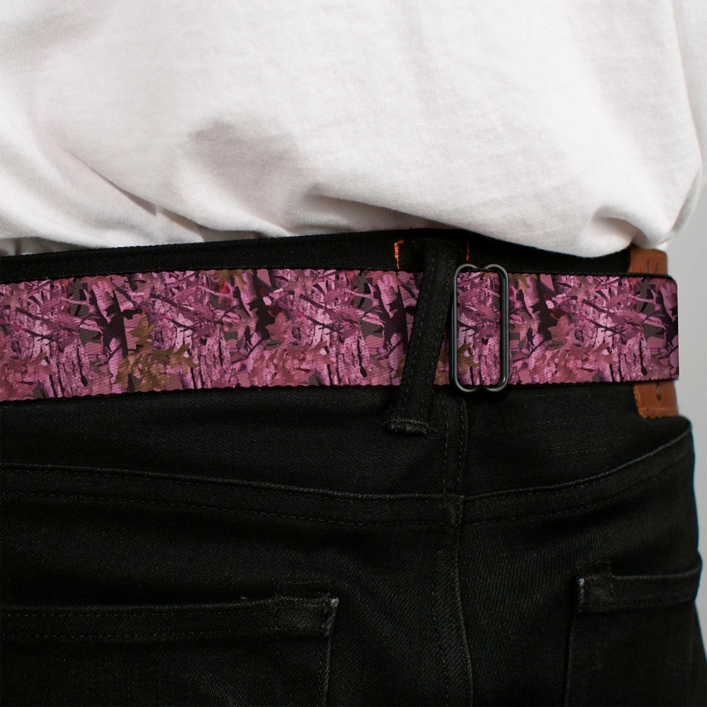 BD Wings Logo CLOSE-UP Full Color Black Silver Seatbelt Belt - Hunting Camo Pinks Webbing