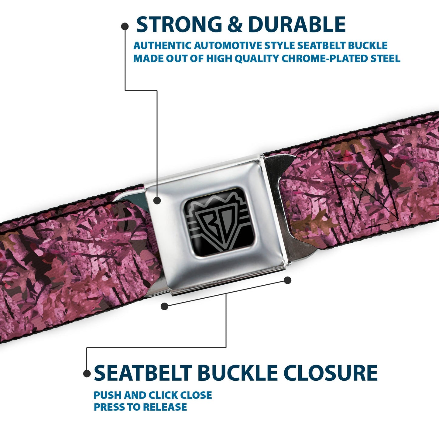 BD Wings Logo CLOSE-UP Full Color Black Silver Seatbelt Belt - Hunting Camo Pinks Webbing