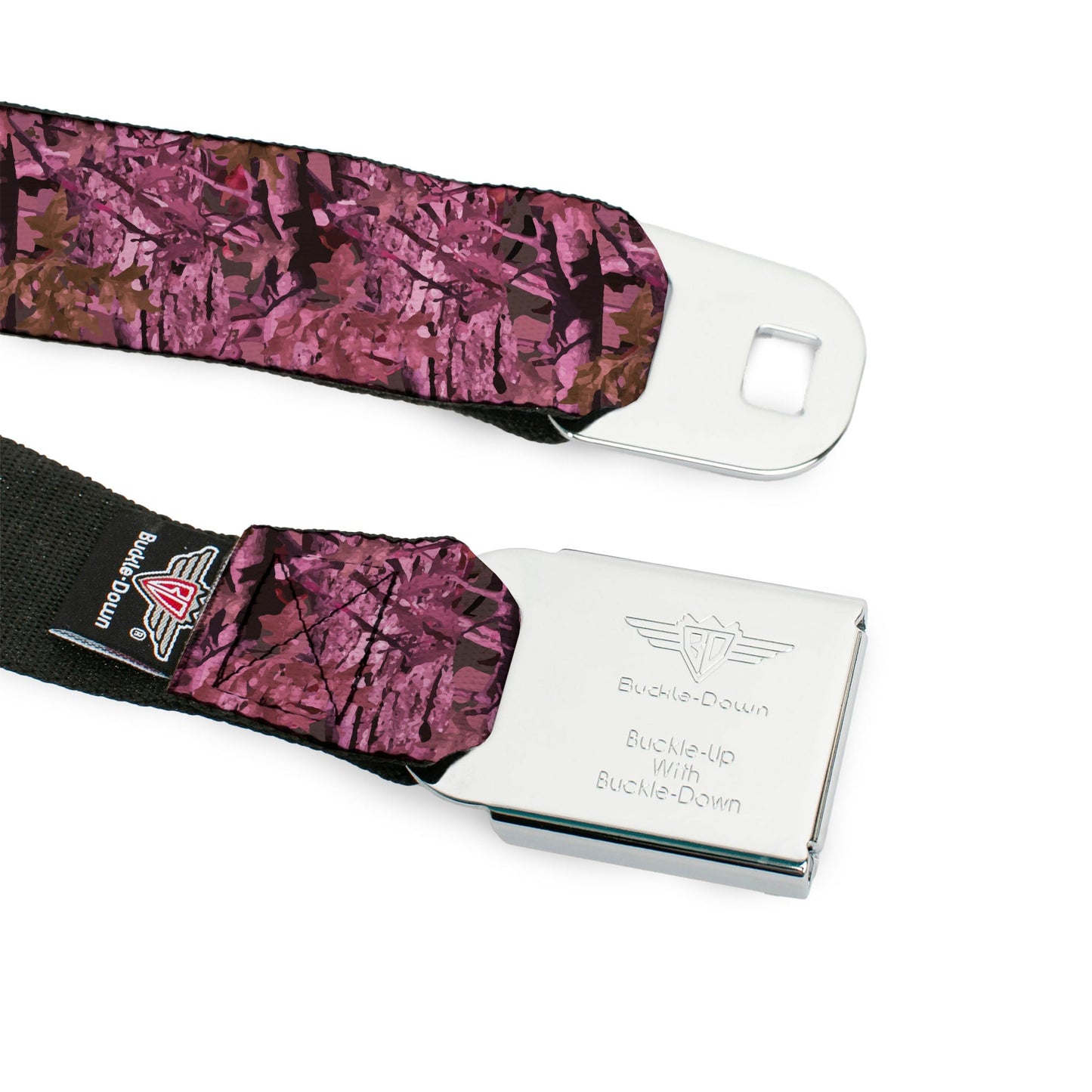 BD Wings Logo CLOSE-UP Full Color Black Silver Seatbelt Belt - Hunting Camo Pinks Webbing