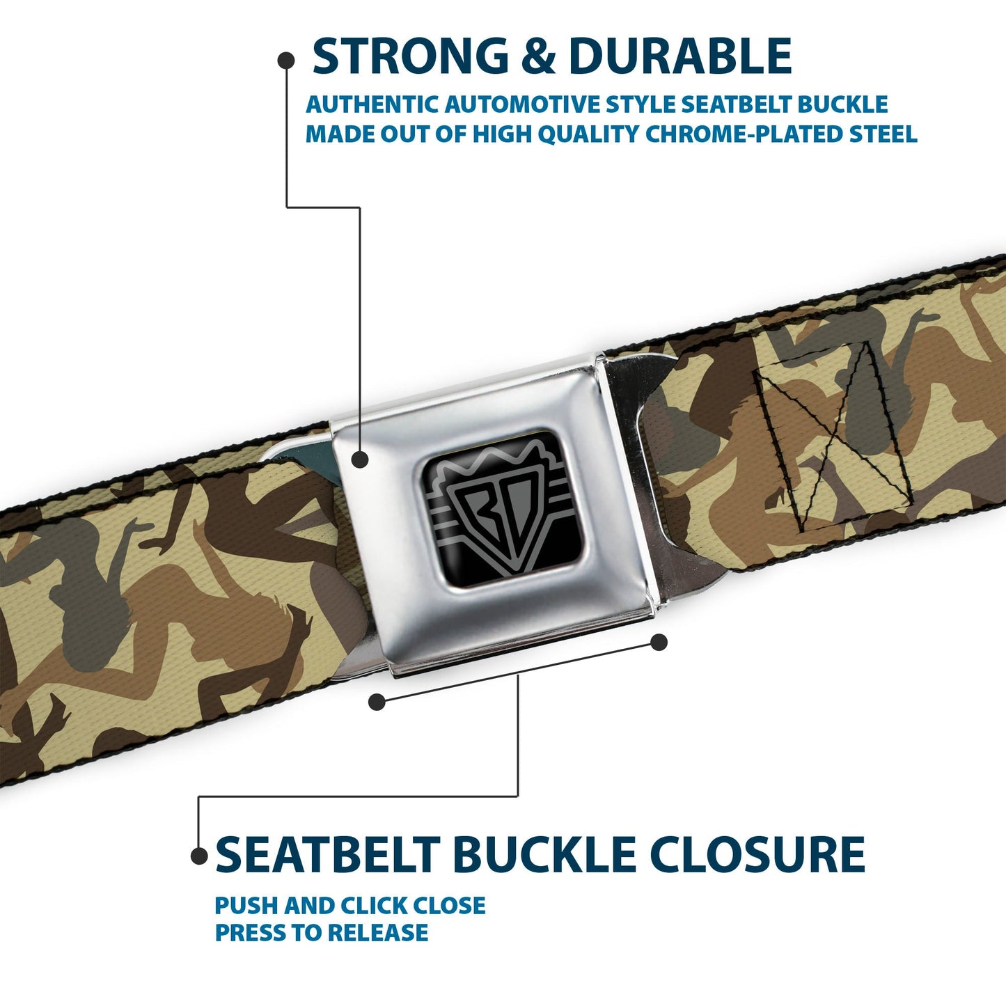 BD Wings Logo CLOSE-UP Full Color Black Silver Seatbelt Belt - Mud Flap Girls Camo Browns Webbing