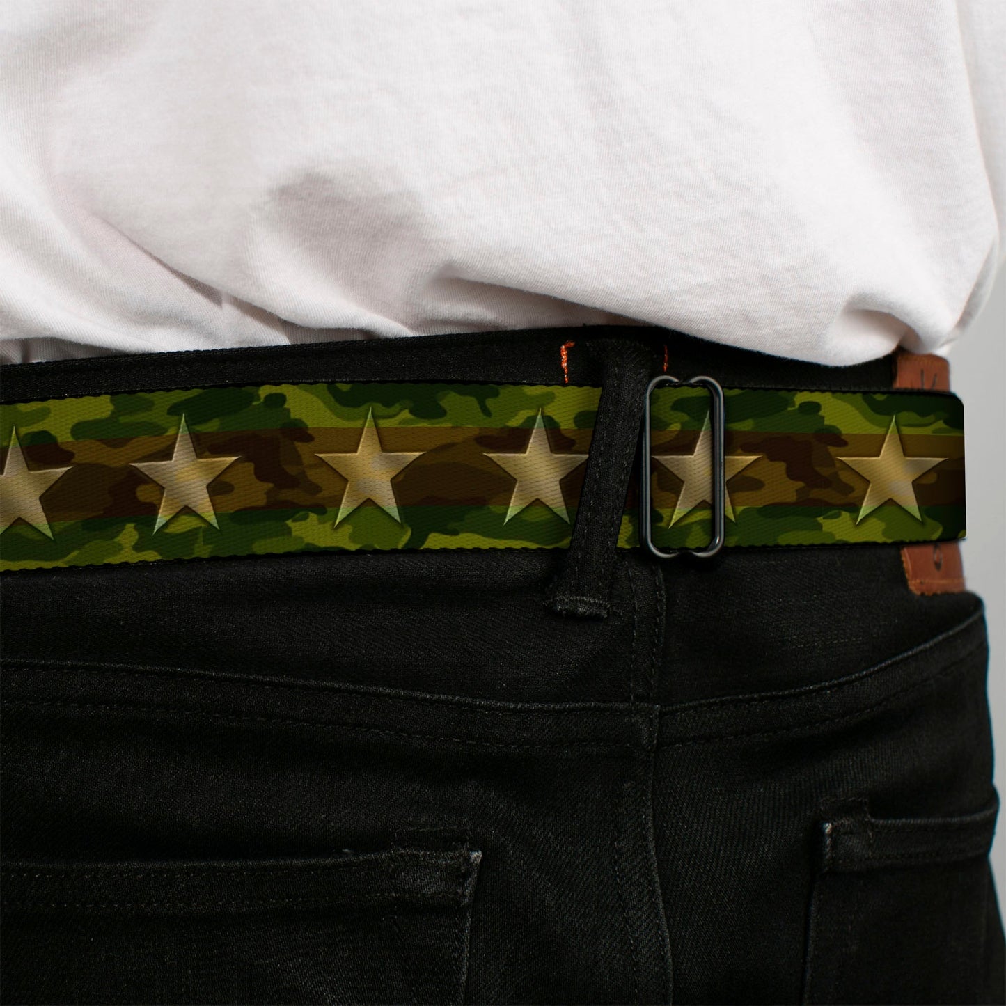 BD Wings Logo CLOSE-UP Full Color Black Silver Seatbelt Belt - Star Camo Olive/Gold Webbing