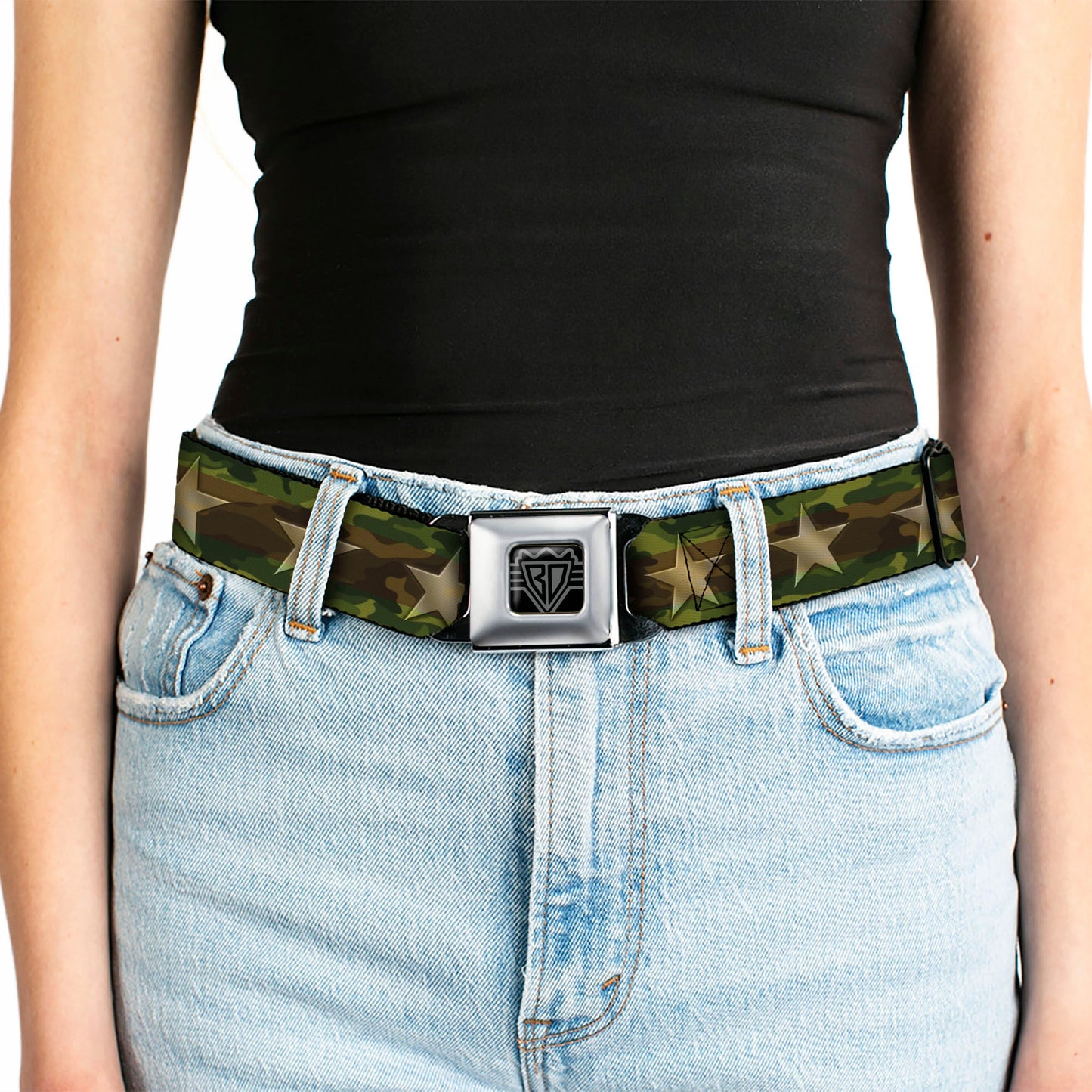BD Wings Logo CLOSE-UP Full Color Black Silver Seatbelt Belt - Star Camo Olive/Gold Webbing