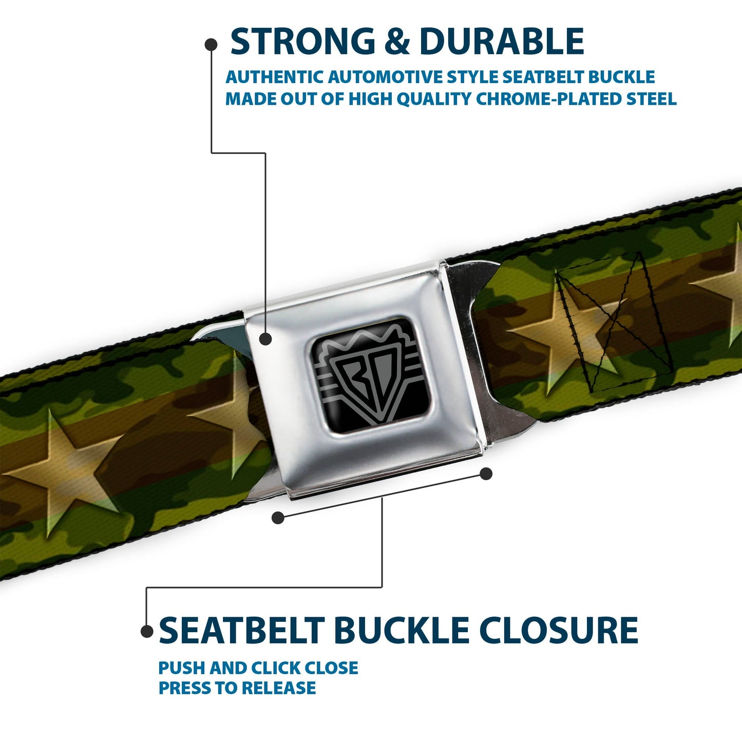 BD Wings Logo CLOSE-UP Full Color Black Silver Seatbelt Belt - Star Camo Olive/Gold Webbing