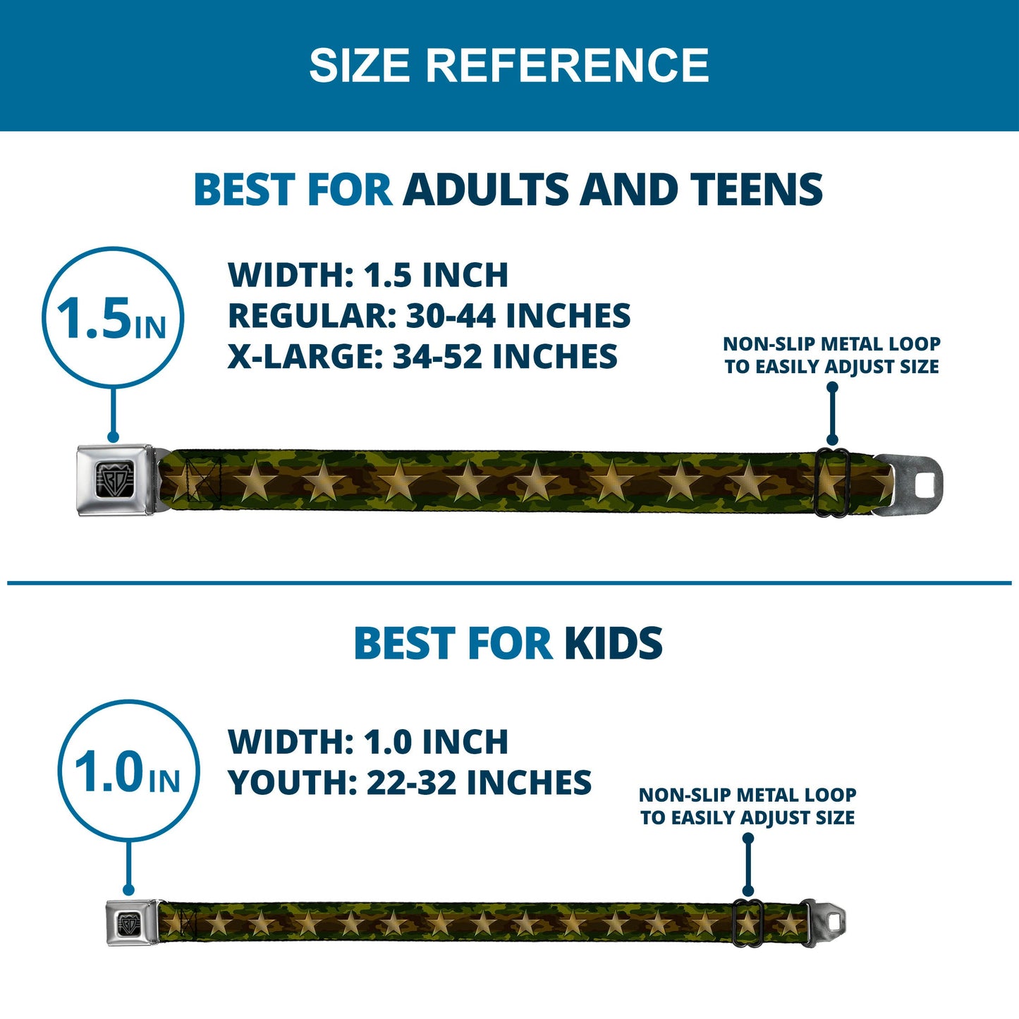 BD Wings Logo CLOSE-UP Full Color Black Silver Seatbelt Belt - Star Camo Olive/Gold Webbing