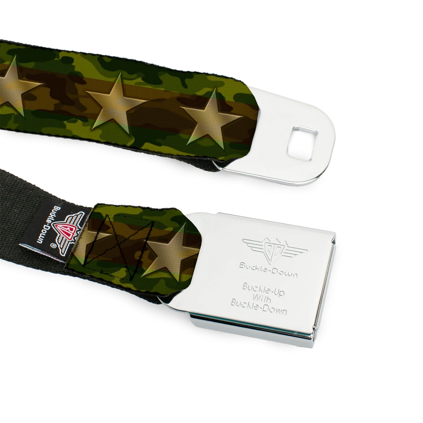 BD Wings Logo CLOSE-UP Full Color Black Silver Seatbelt Belt - Star Camo Olive/Gold Webbing