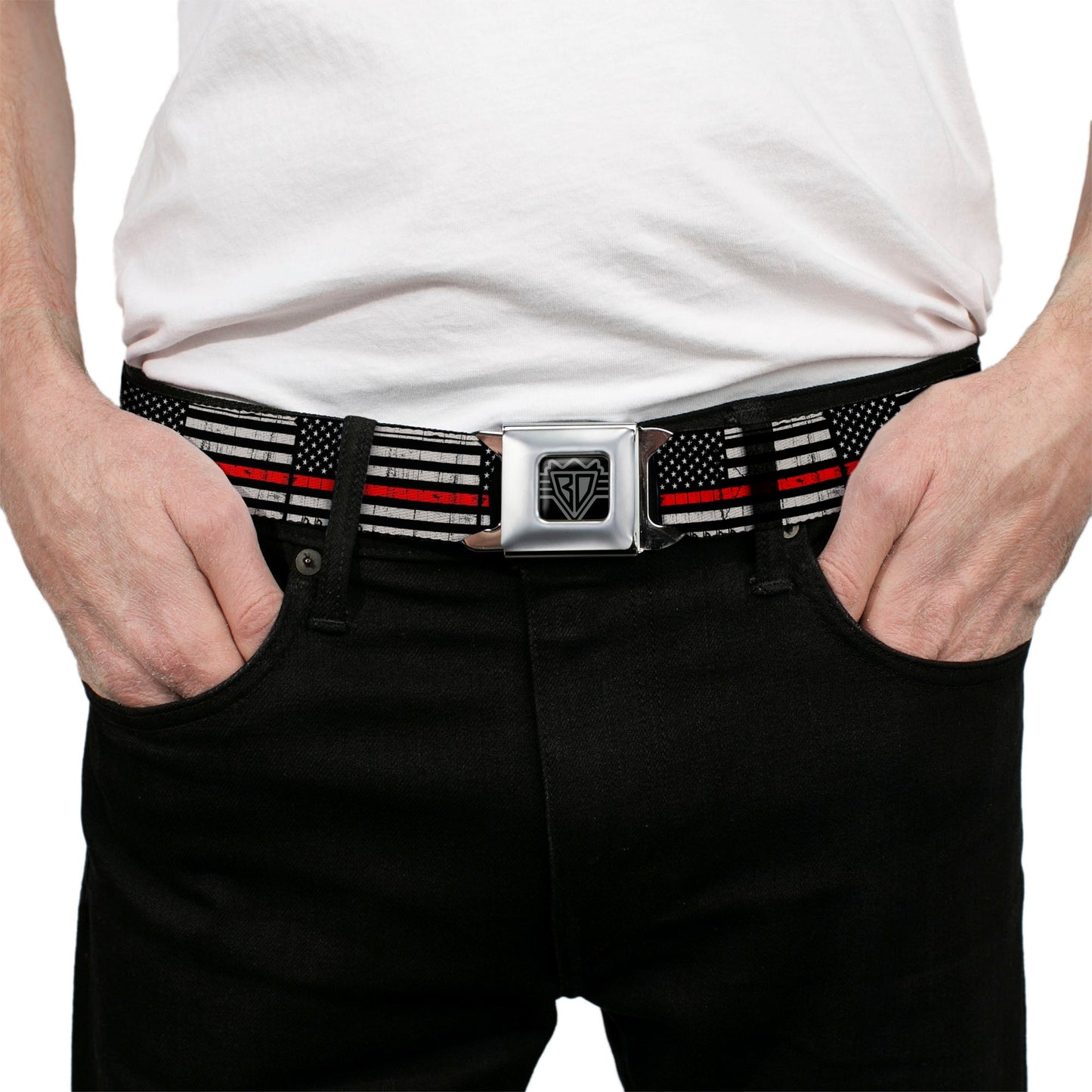BD Wings Logo CLOSE-UP Full Color Black Silver Seatbelt Belt - Thin Red Line Flag Weathered Black/Gray/Red Webbing