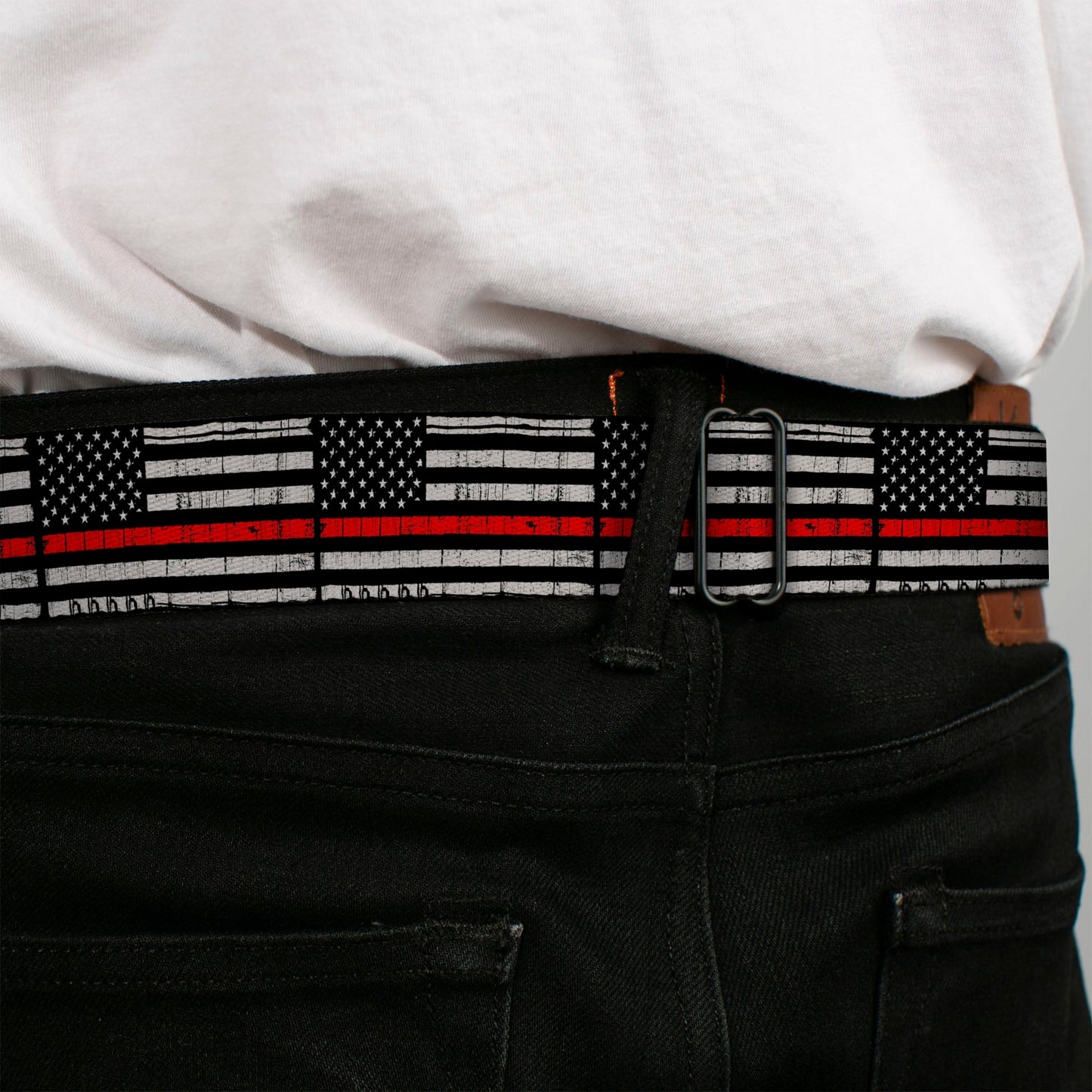 BD Wings Logo CLOSE-UP Full Color Black Silver Seatbelt Belt - Thin Red Line Flag Weathered Black/Gray/Red Webbing