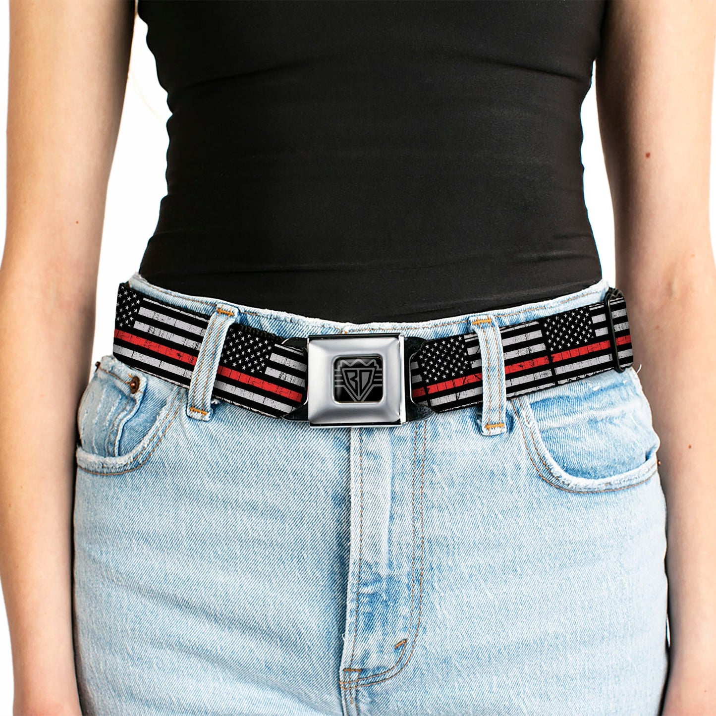 BD Wings Logo CLOSE-UP Full Color Black Silver Seatbelt Belt - Thin Red Line Flag Weathered Black/Gray/Red Webbing