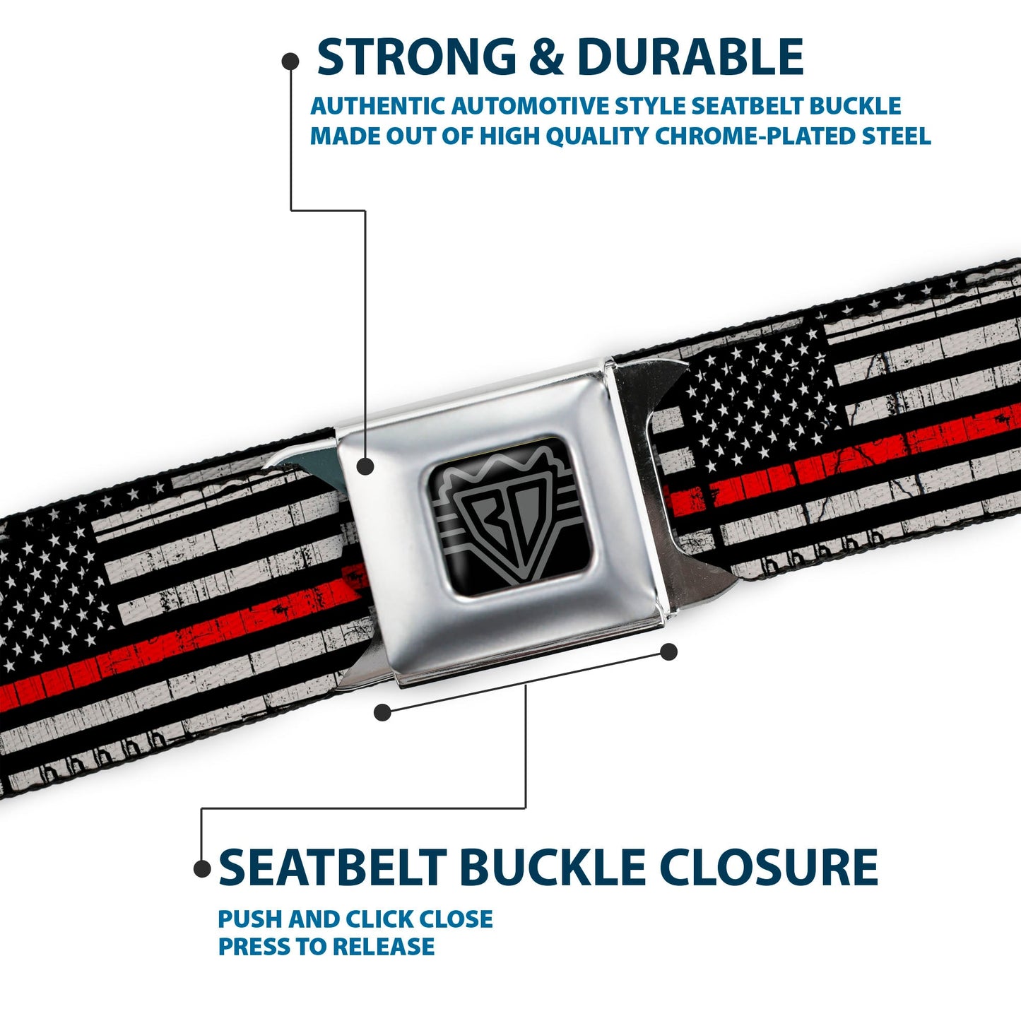 BD Wings Logo CLOSE-UP Full Color Black Silver Seatbelt Belt - Thin Red Line Flag Weathered Black/Gray/Red Webbing