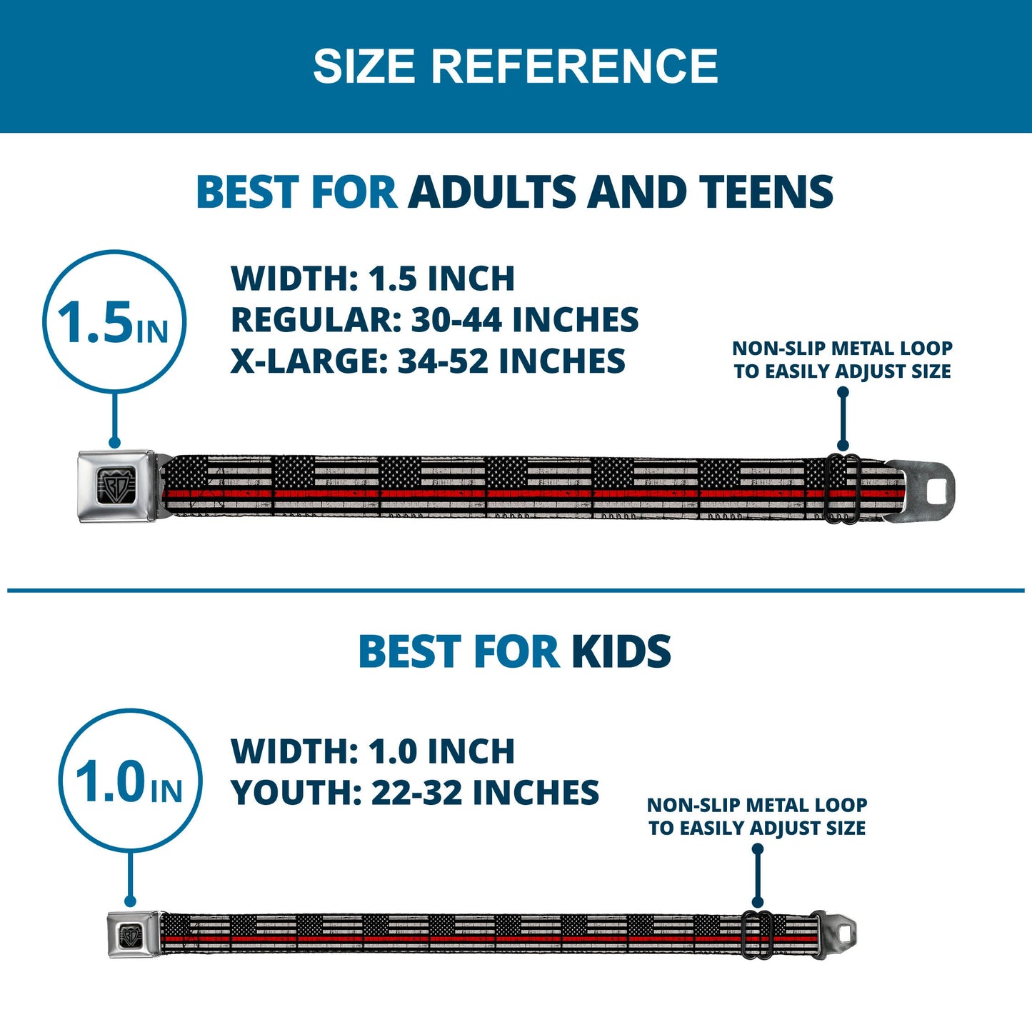 BD Wings Logo CLOSE-UP Full Color Black Silver Seatbelt Belt - Thin Red Line Flag Weathered Black/Gray/Red Webbing