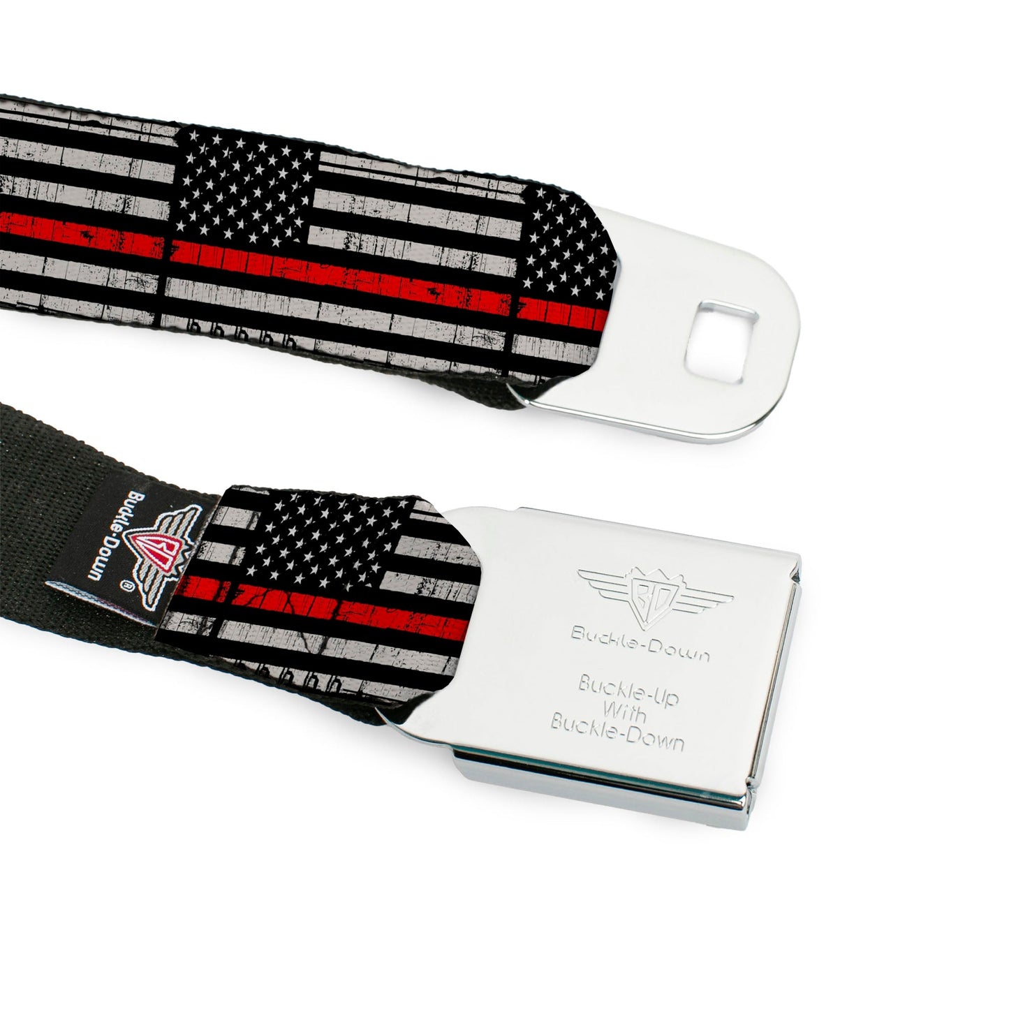 BD Wings Logo CLOSE-UP Full Color Black Silver Seatbelt Belt - Thin Red Line Flag Weathered Black/Gray/Red Webbing