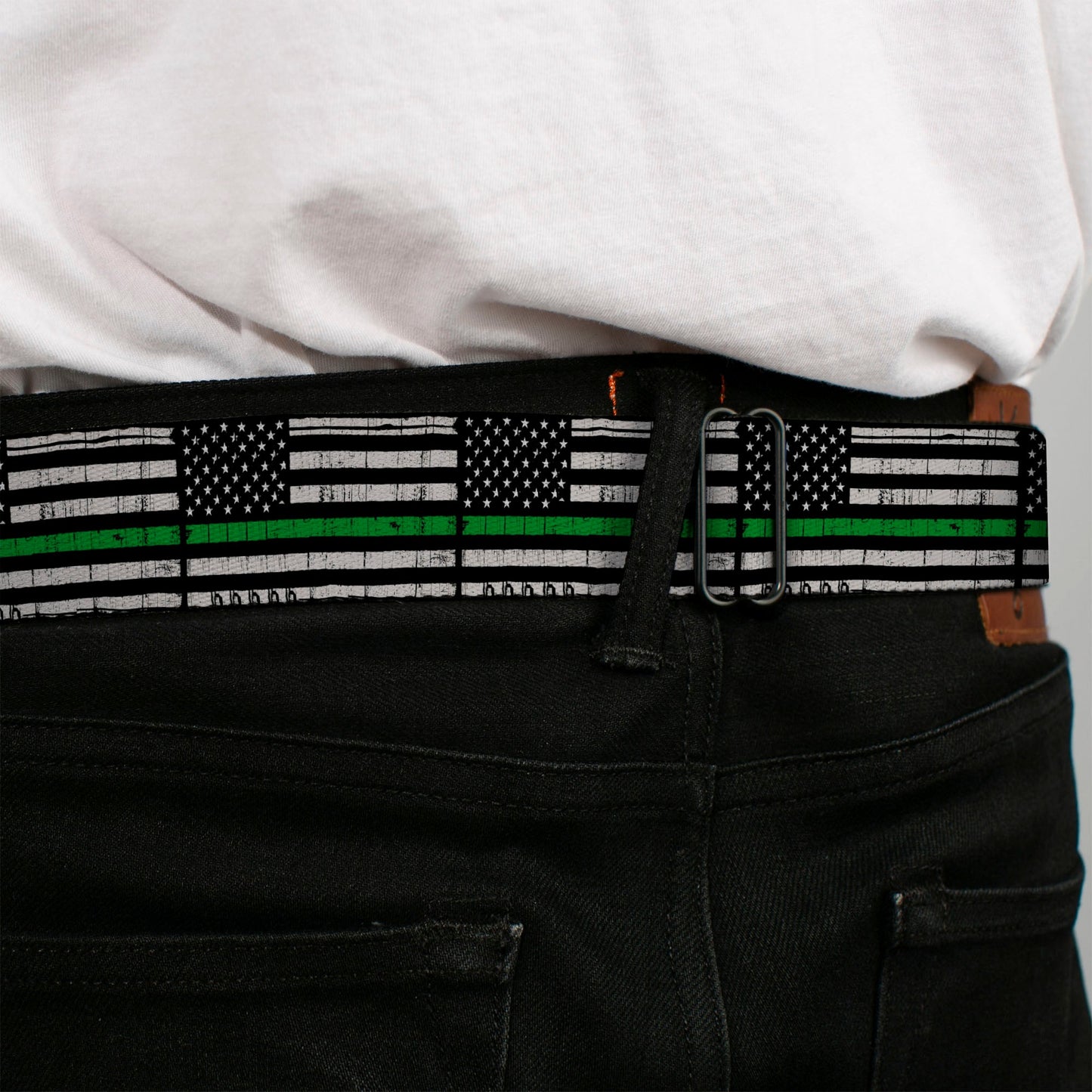 BD Wings Logo CLOSE-UP Black/Silver Seatbelt Belt - Thin Green Line Flag Weathered Black/Gray/Green Webbing